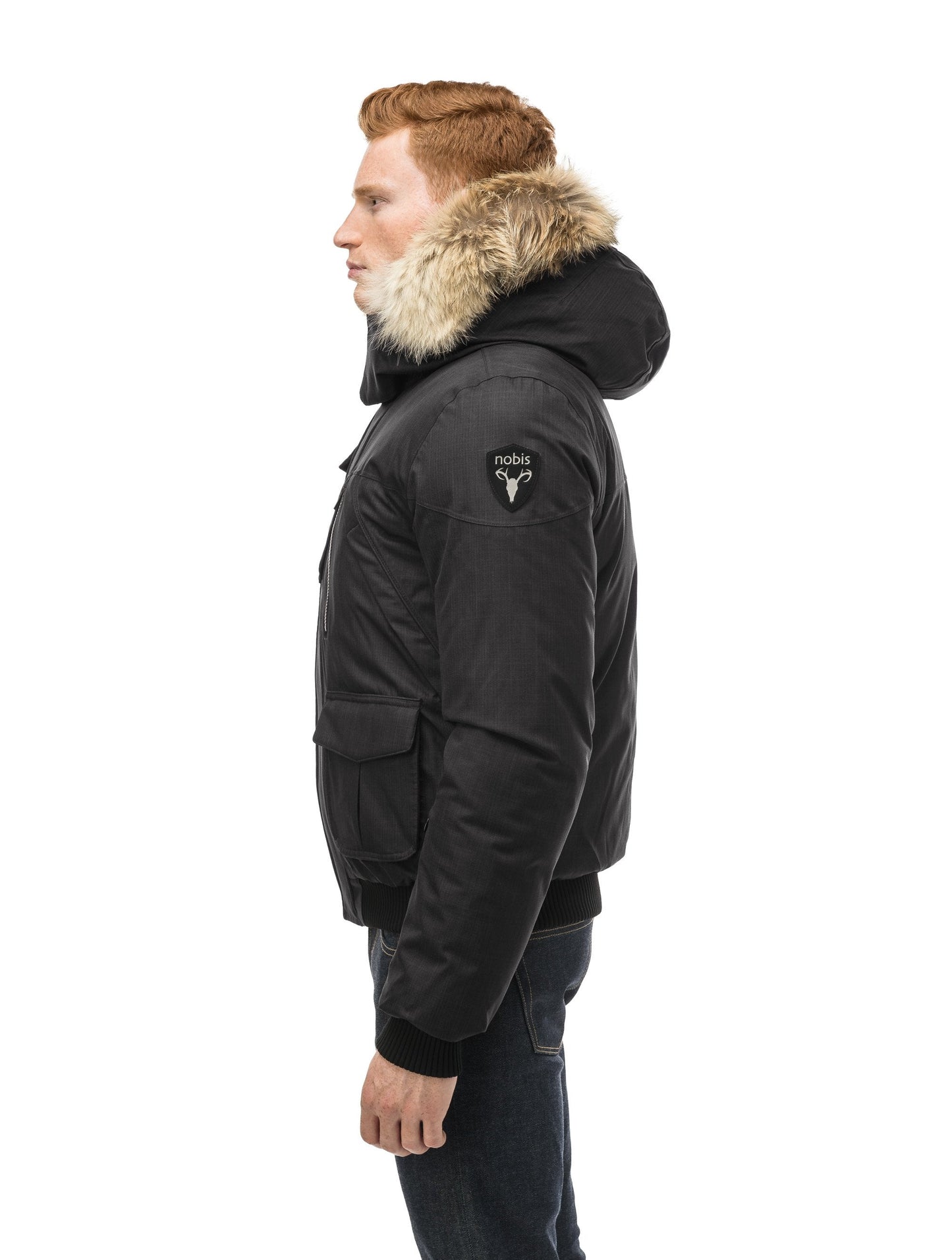 Men's classic down bomber with two patch pockets and a right shoulder storm flap in CH Black