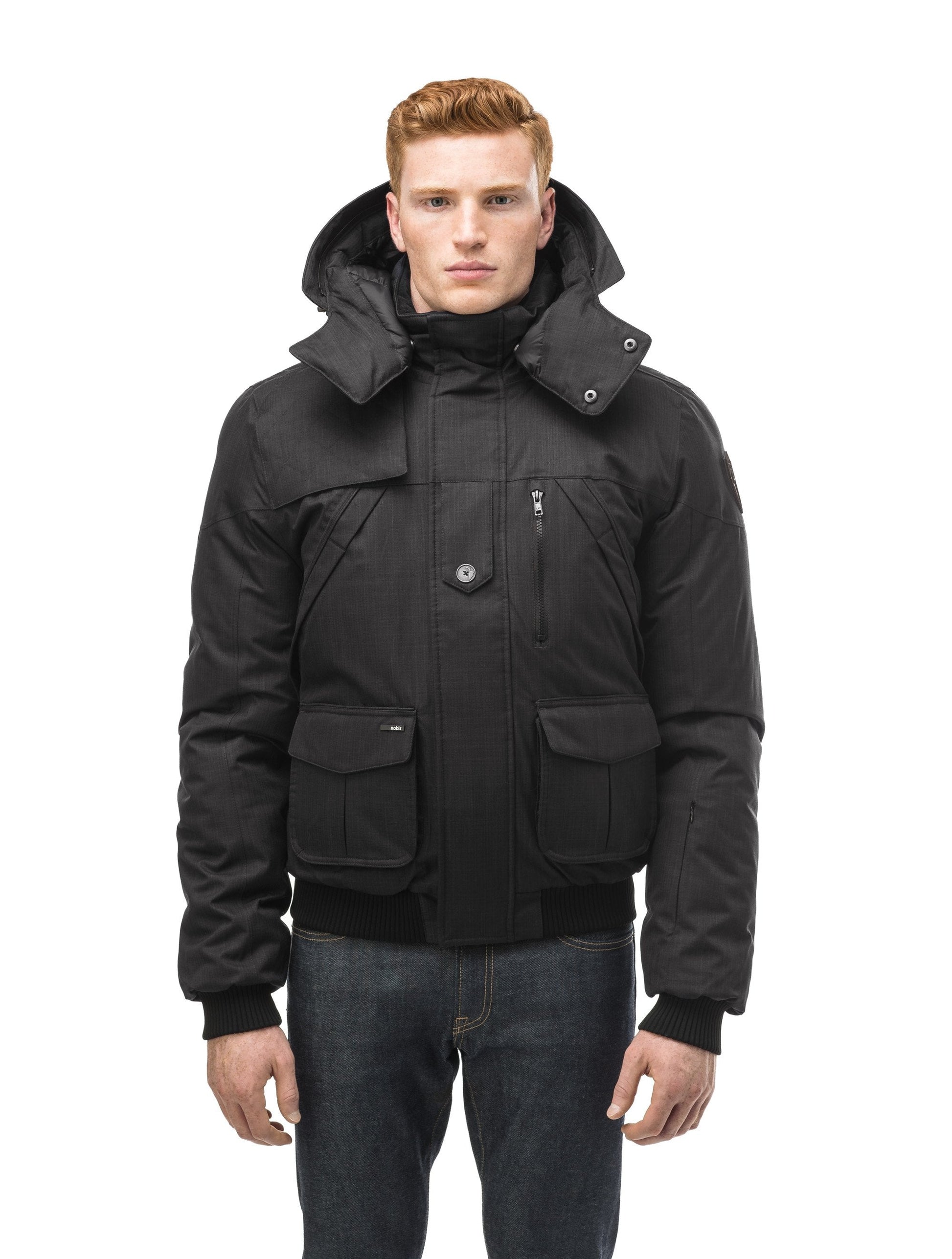 Men's classic down bomber with two patch pockets and a right shoulder storm flap in CH Black