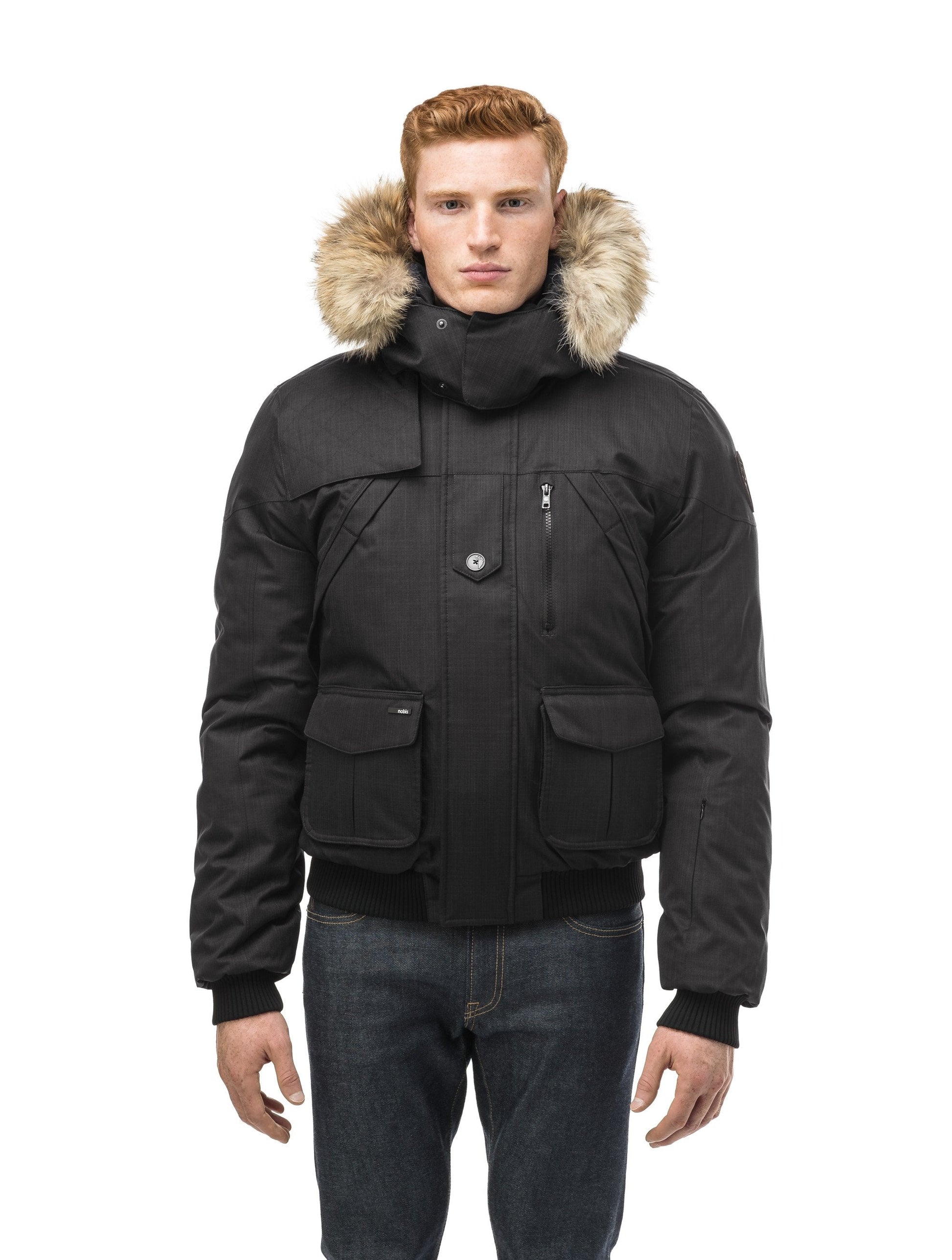 Men's classic down bomber with two patch pockets and a right shoulder storm flap in CH Black