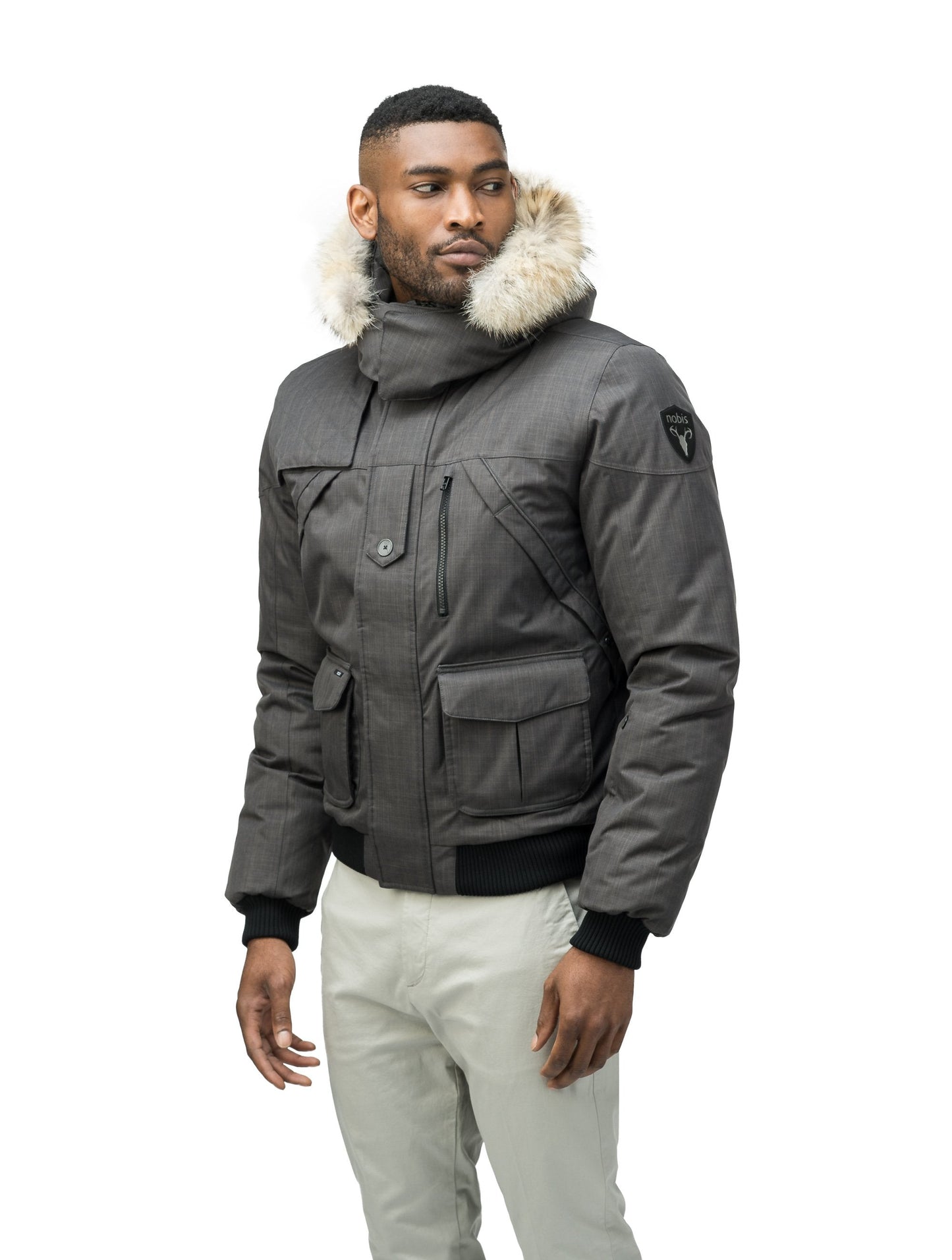 Men's classic down bomber with two patch pockets and a right shoulder storm flap in CH Steel Grey