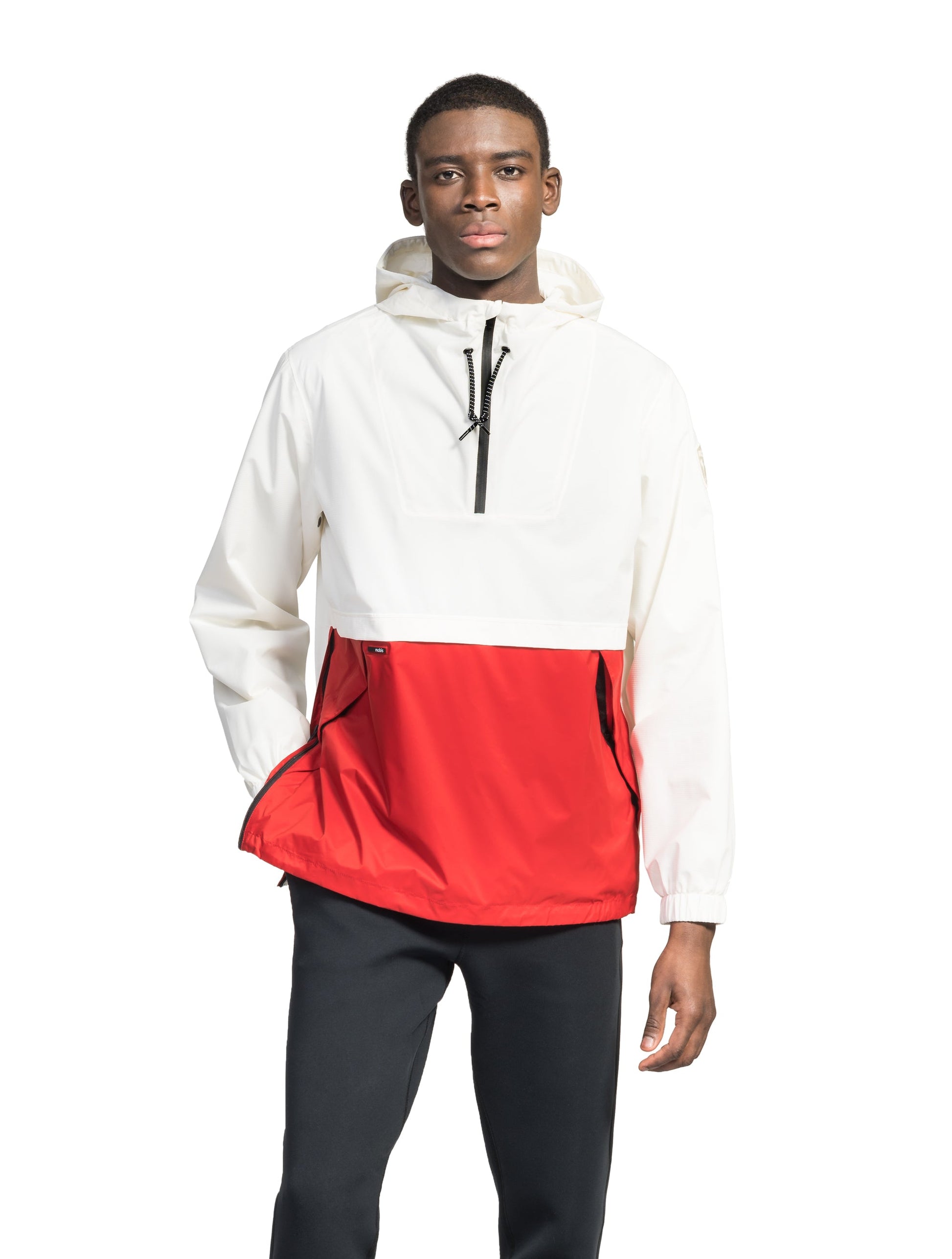 Men's hip length hooded pullover anorak with zipper at collar in Chalk/Vermillion