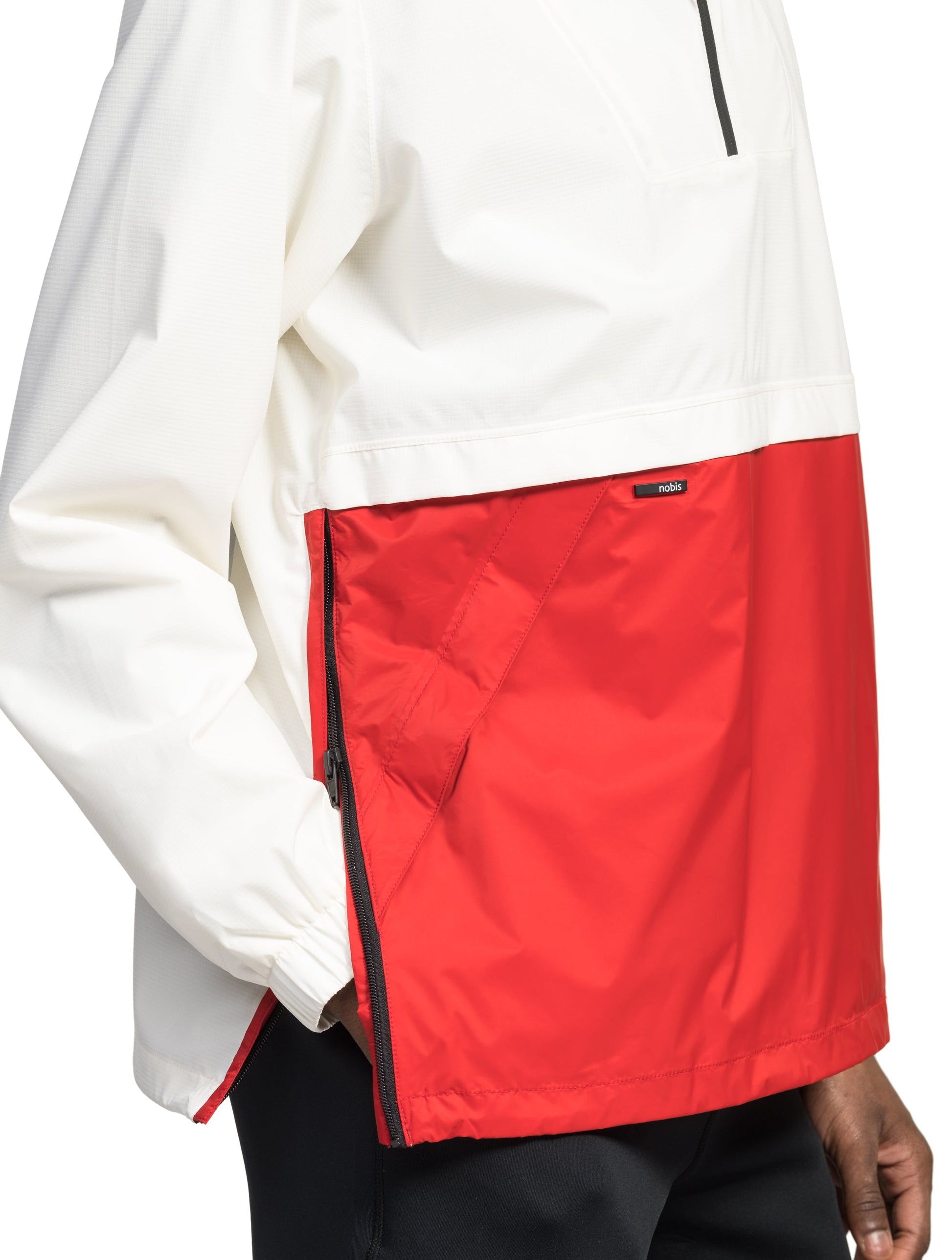 Men's hip length hooded pullover anorak with zipper at collar in Chalk/Vermillion