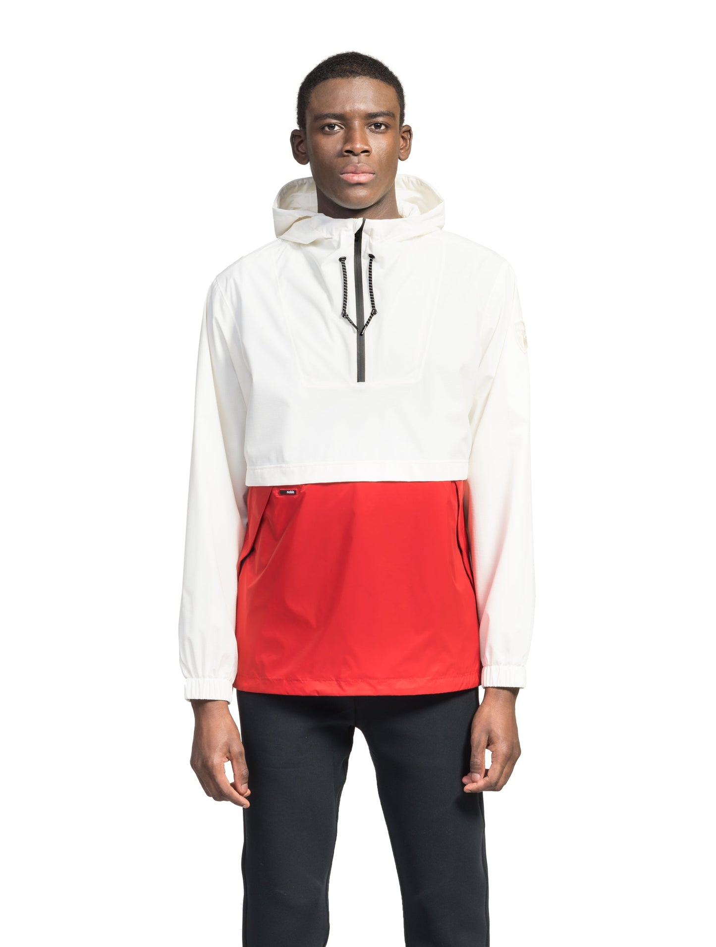 Men's hip length hooded pullover anorak with zipper at collar in Chalk/Vermillion