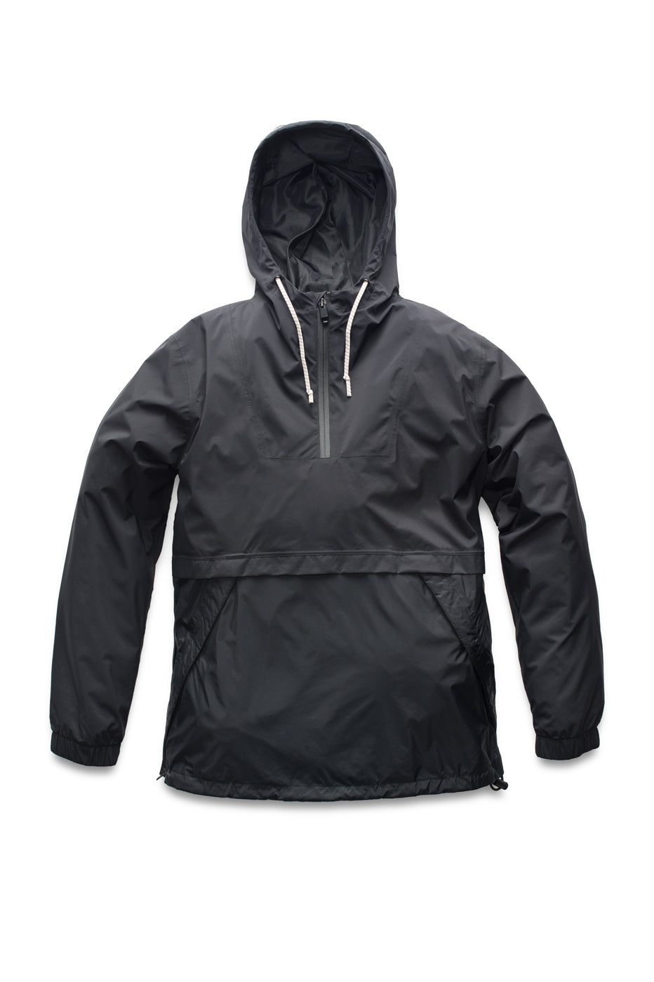 Men's hip length hooded pullover anorak with zipper at collar in Black