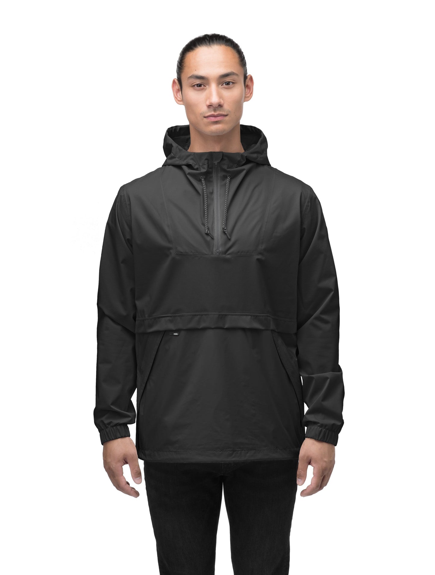 Men's hip length hooded pullover anorak with zipper at collar in Black