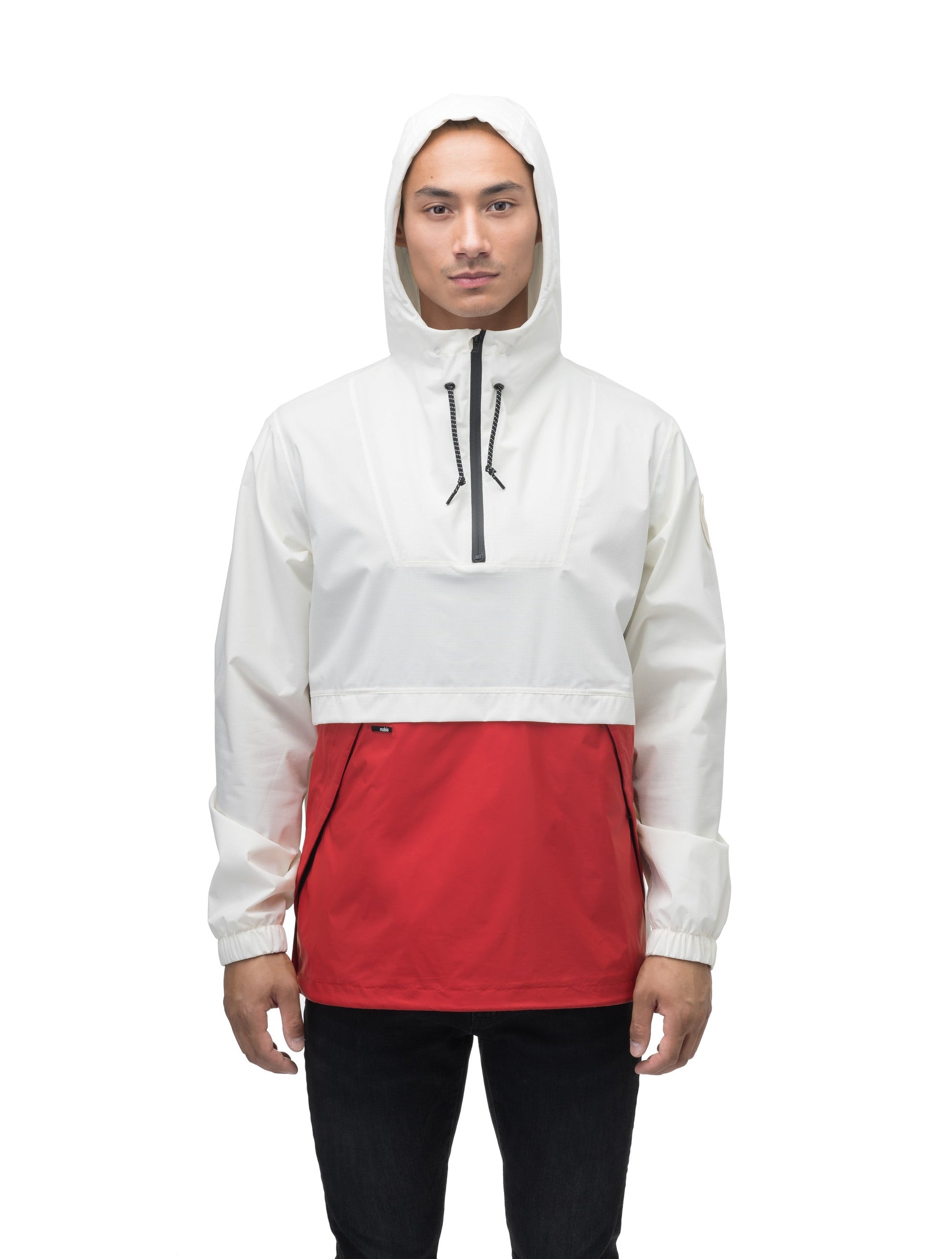 Men's hip length hooded pullover anorak with zipper at collar in Chalk/Vermillion