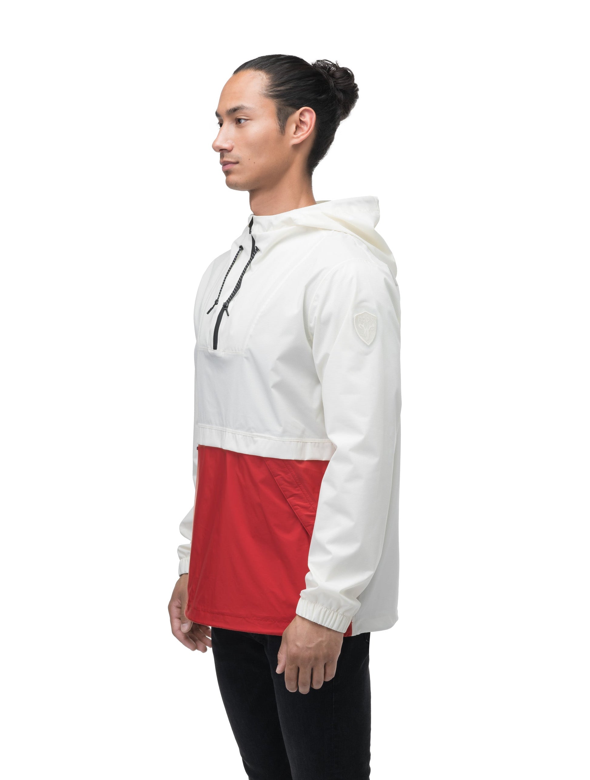 Men's hip length hooded pullover anorak with zipper at collar in Chalk/Vermillion