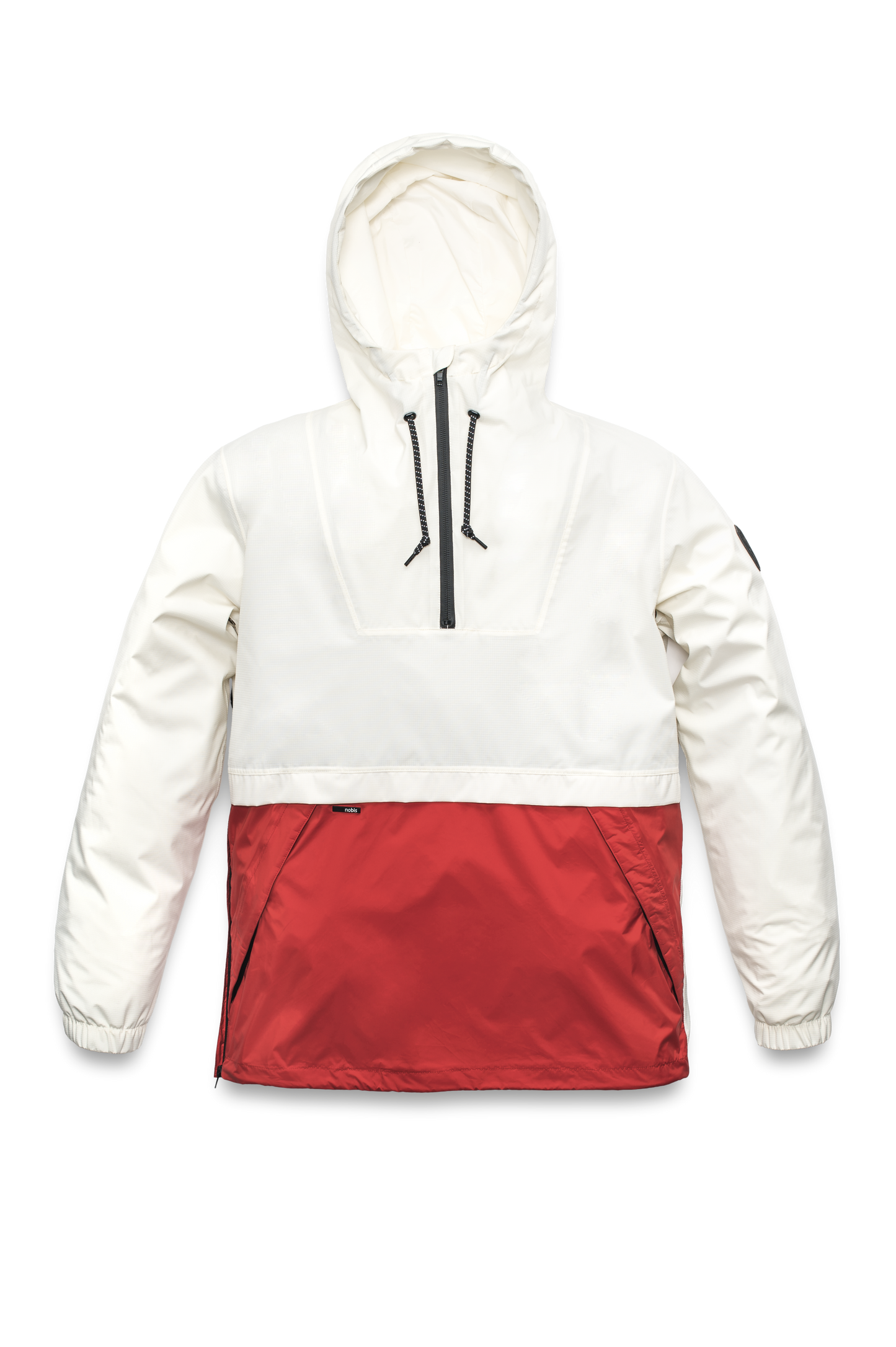 Men's hip length hooded pullover anorak with zipper at collar in Chalk/Vermillion