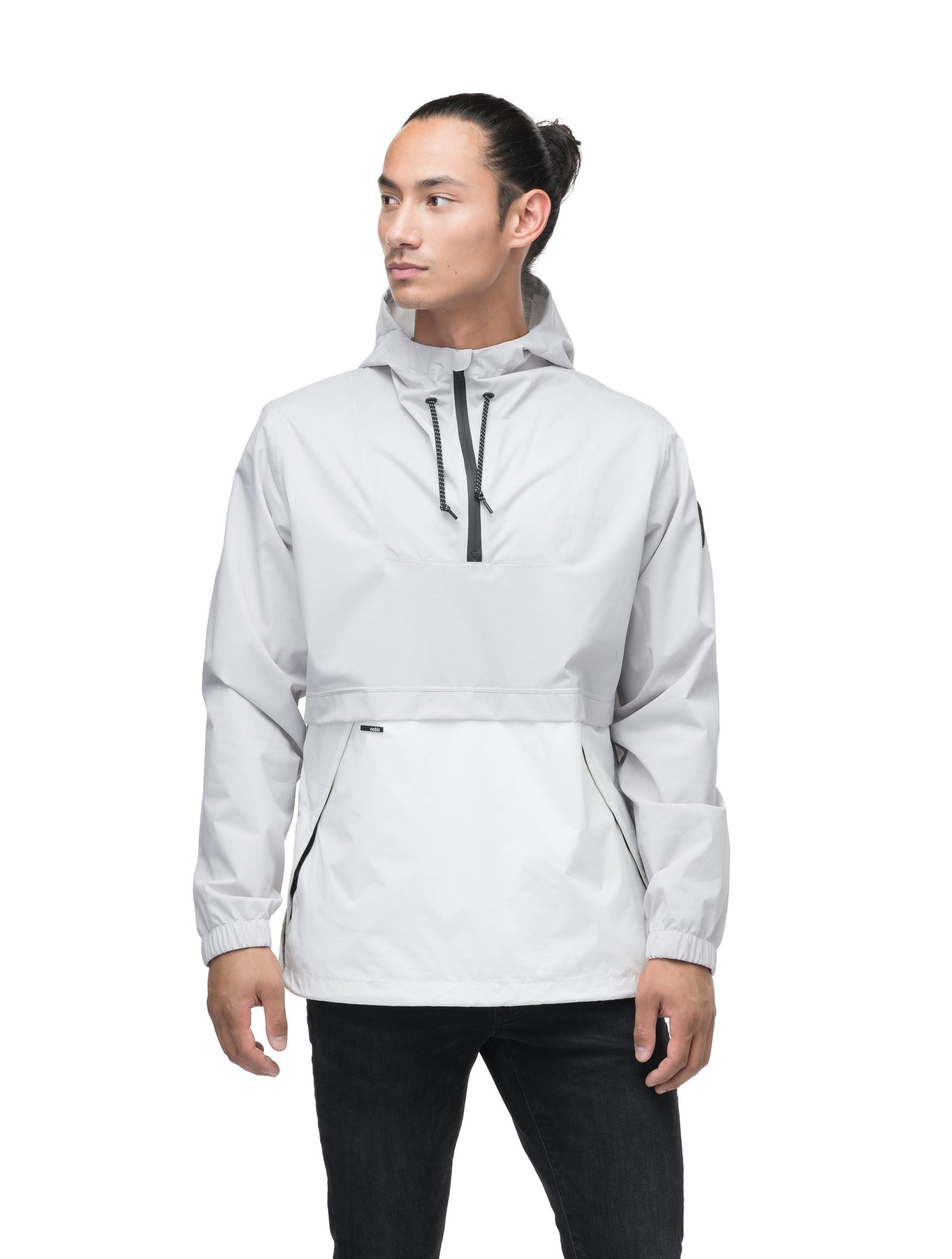 Men's hip length hooded pullover anorak with zipper at collar in Light Grey/Chalk