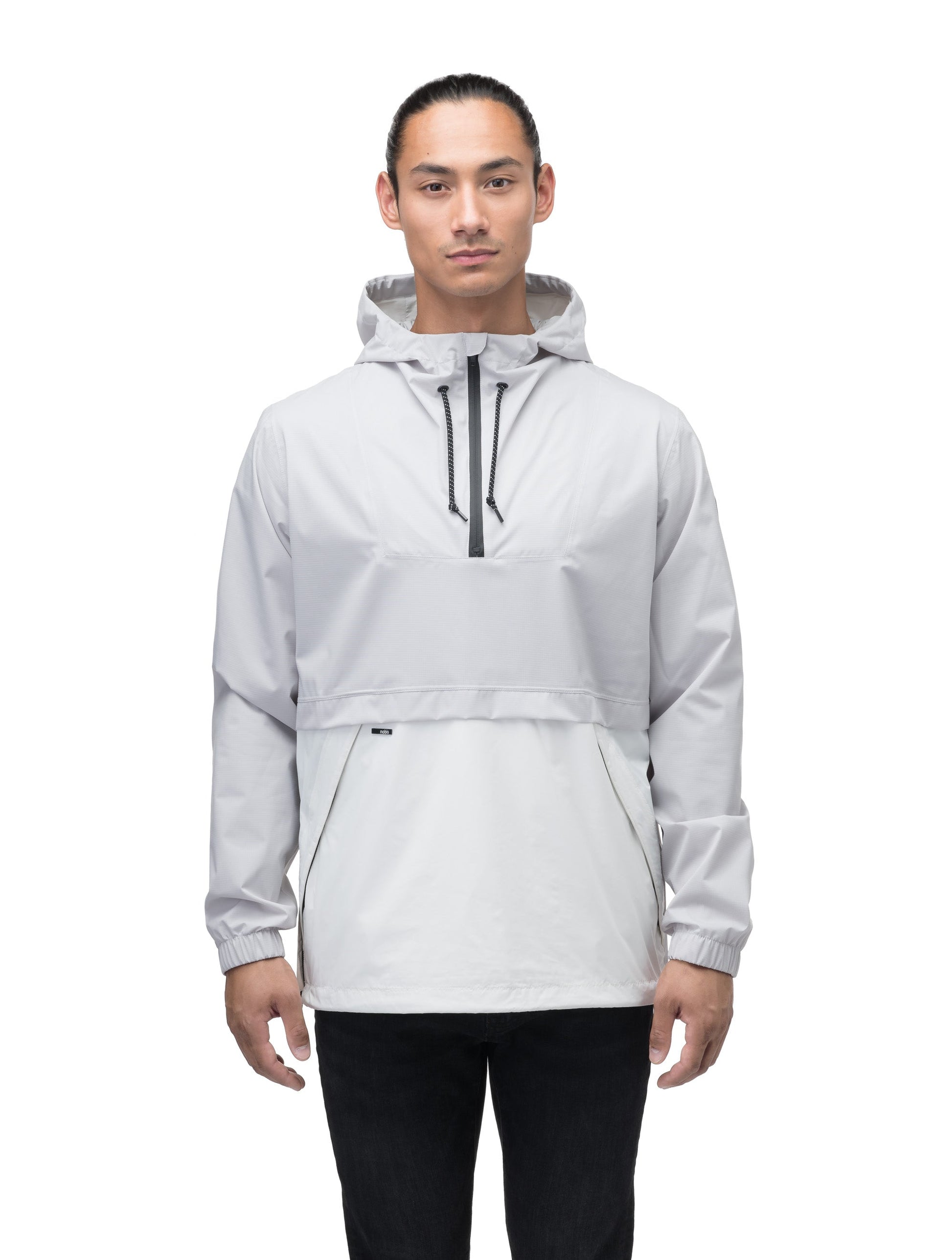 Men's hip length hooded pullover anorak with zipper at collar in Light Grey/Chalk