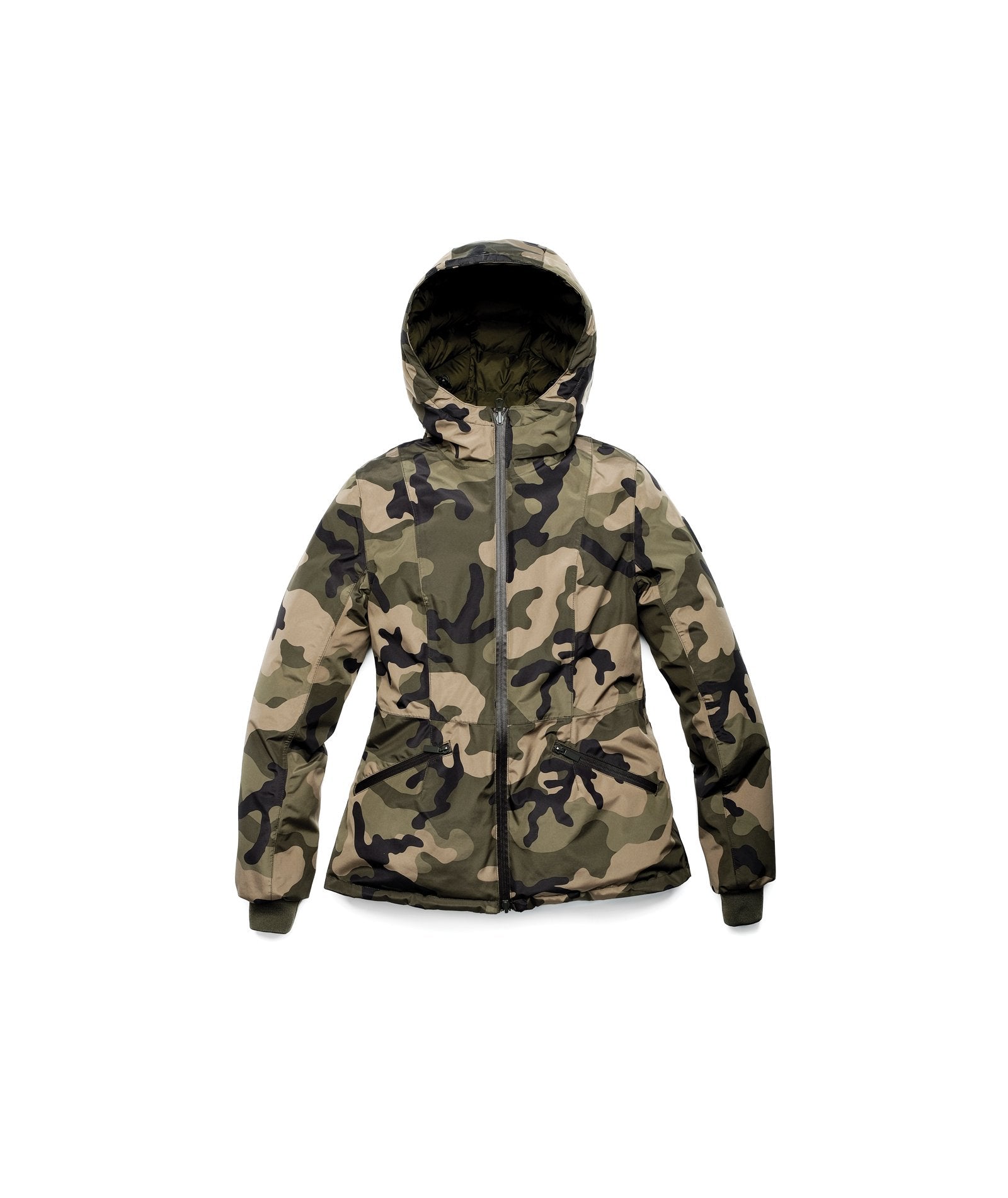 A women's two in one reversible hip length down jacket, one side is quilted and one side is solid waterproof fabric in Camo