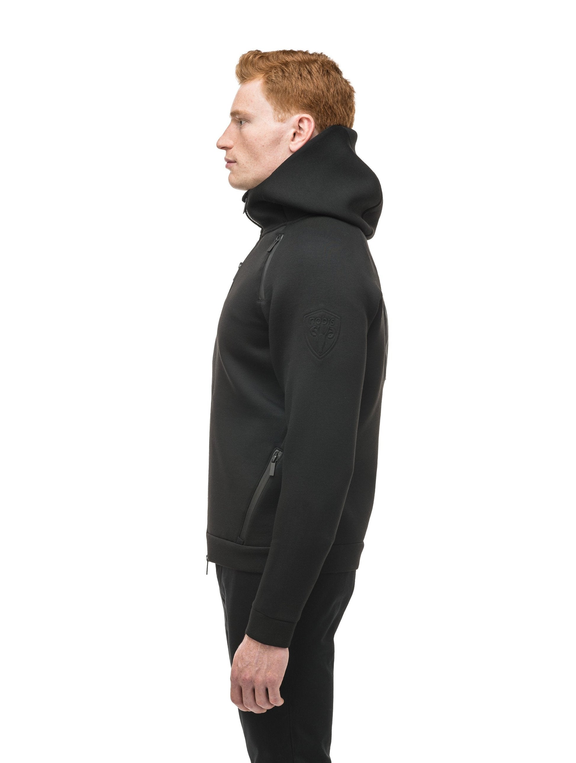 Men's premium rayon polyamide bonded jersey fabrication hoodie with exposed zipper in Black