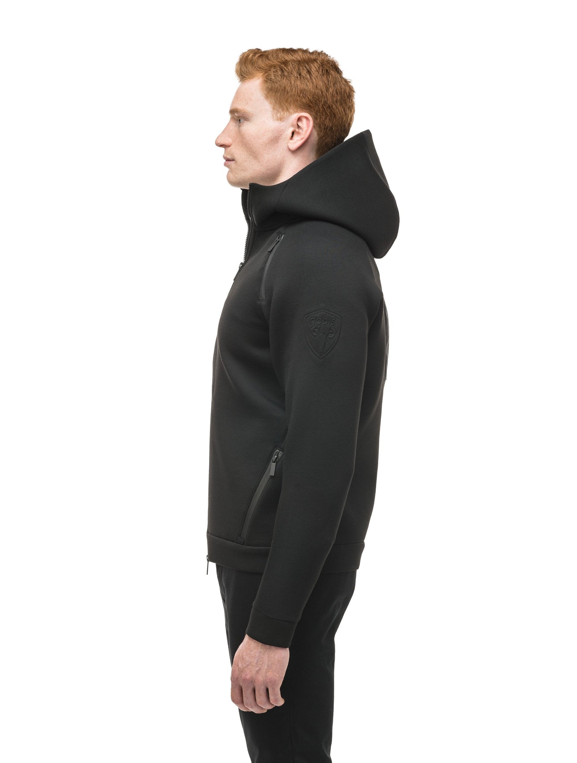 Men's premium rayon polyamide bonded jersey fabrication hoodie with exposed zipper in Black