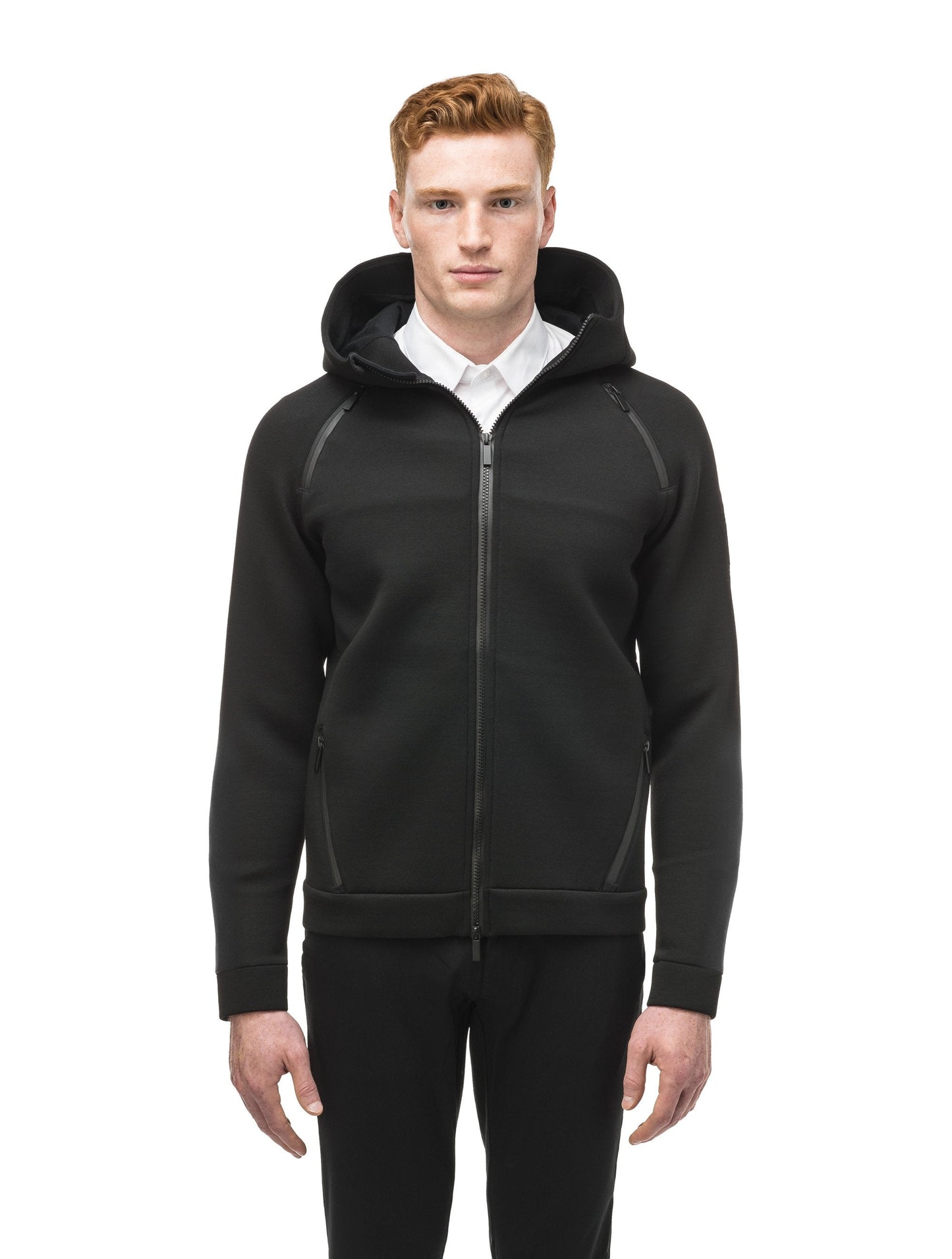 Men's premium rayon polyamide bonded jersey fabrication hoodie with exposed zipper in Black