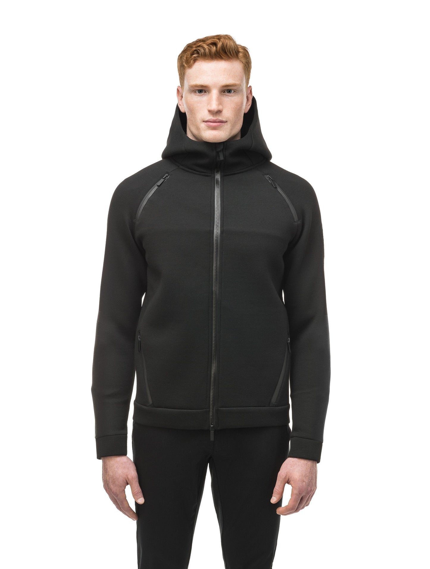 Men's premium rayon polyamide bonded jersey fabrication hoodie with exposed zipper in Black