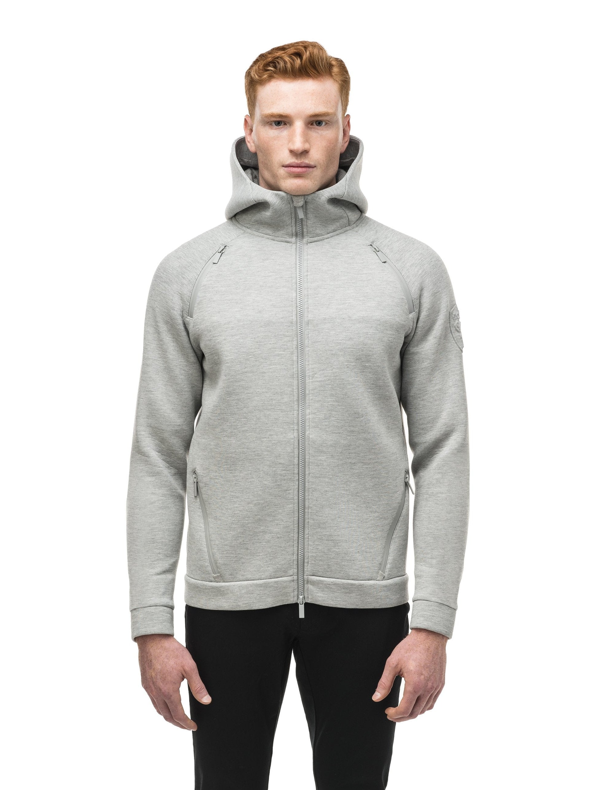 Men's premium rayon polyamide bonded jersey fabrication hoodie with exposed zipper in Grey Melange