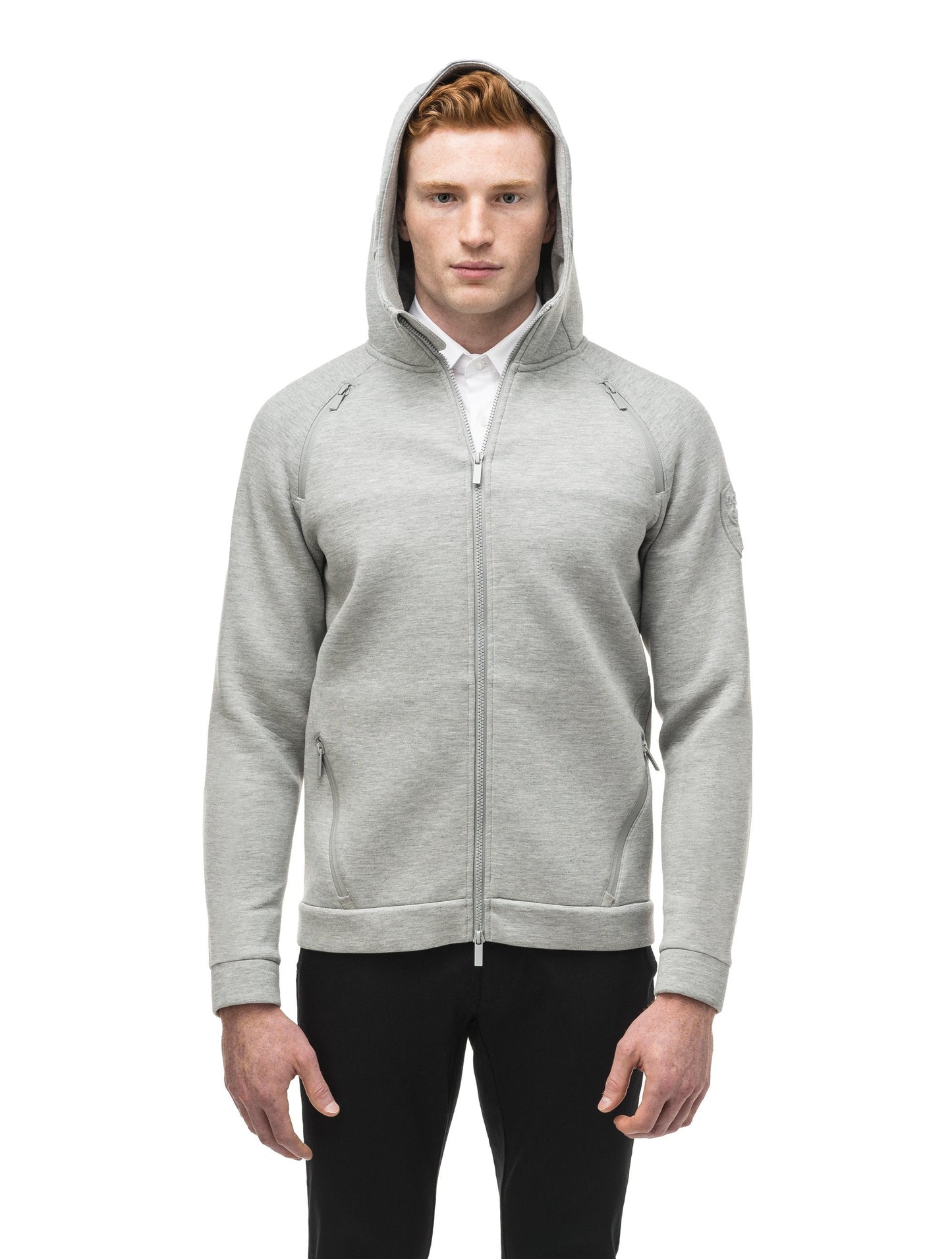 Men's premium rayon polyamide bonded jersey fabrication hoodie with exposed zipper in Grey Melange