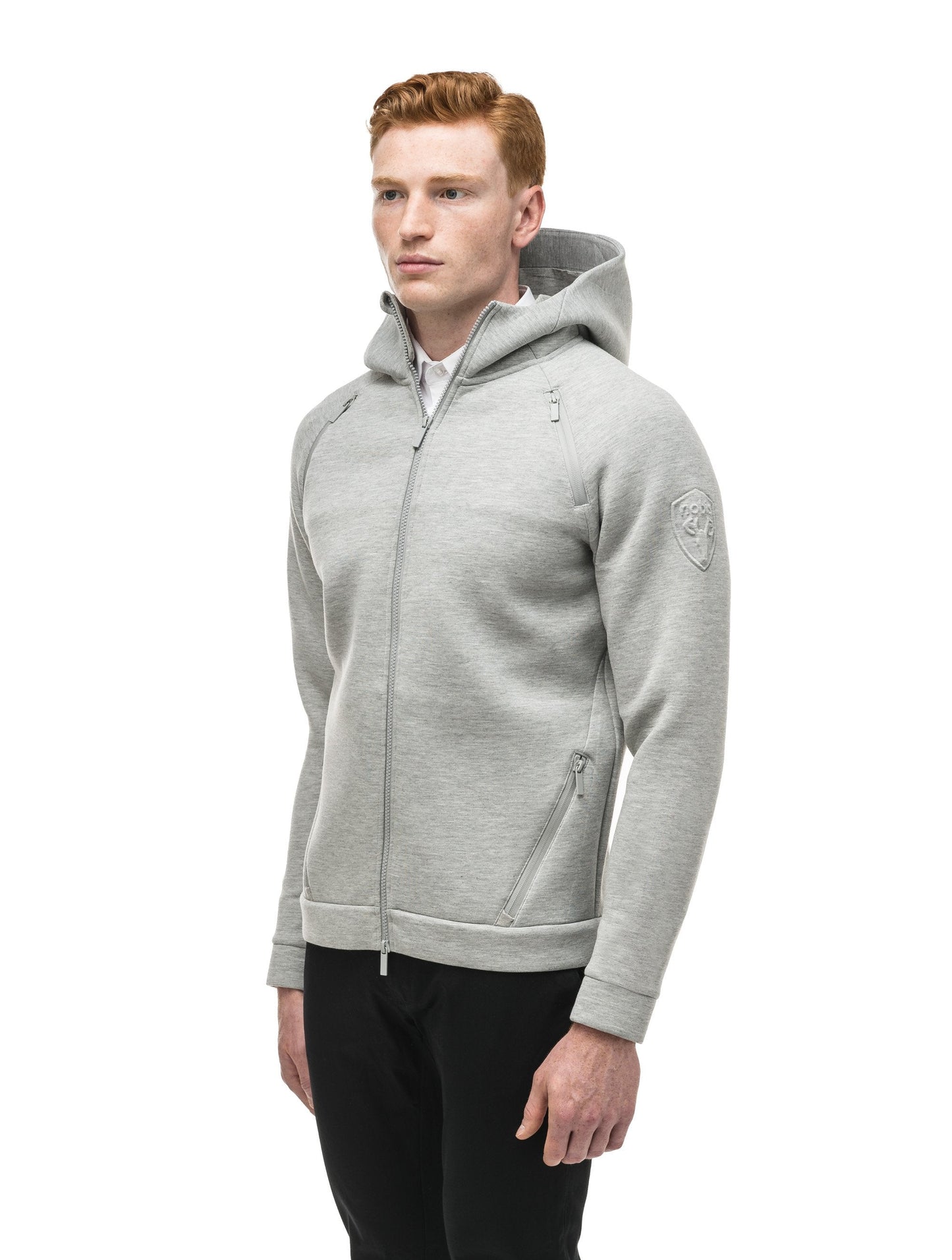 Men's premium rayon polyamide bonded jersey fabrication hoodie with exposed zipper in Grey Melange