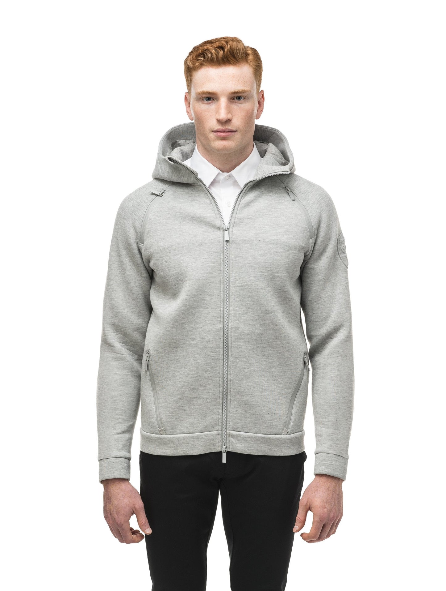 Men's premium rayon polyamide bonded jersey fabrication hoodie with exposed zipper in Grey Melange