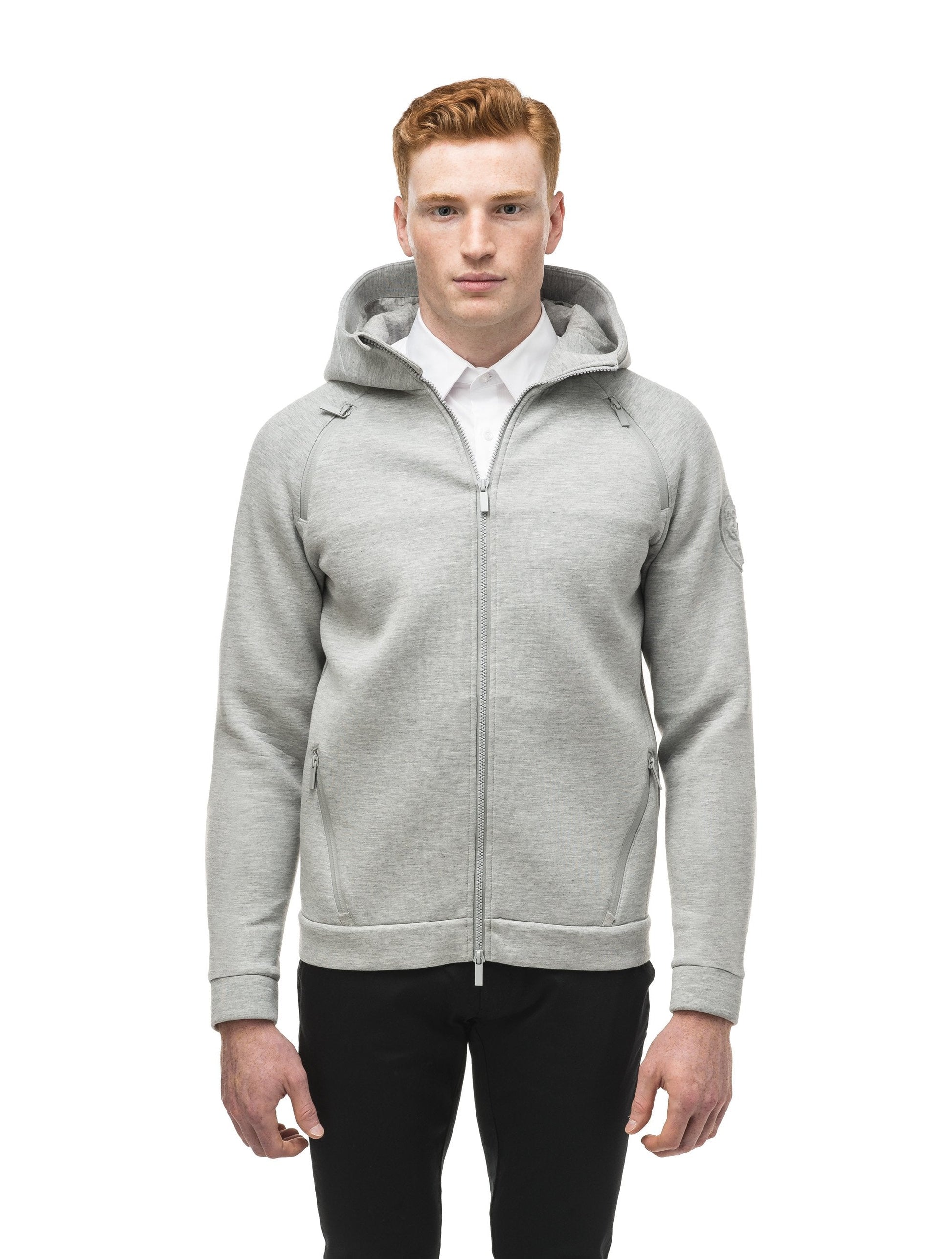 Men's premium rayon polyamide bonded jersey fabrication hoodie with exposed zipper in Grey Melange