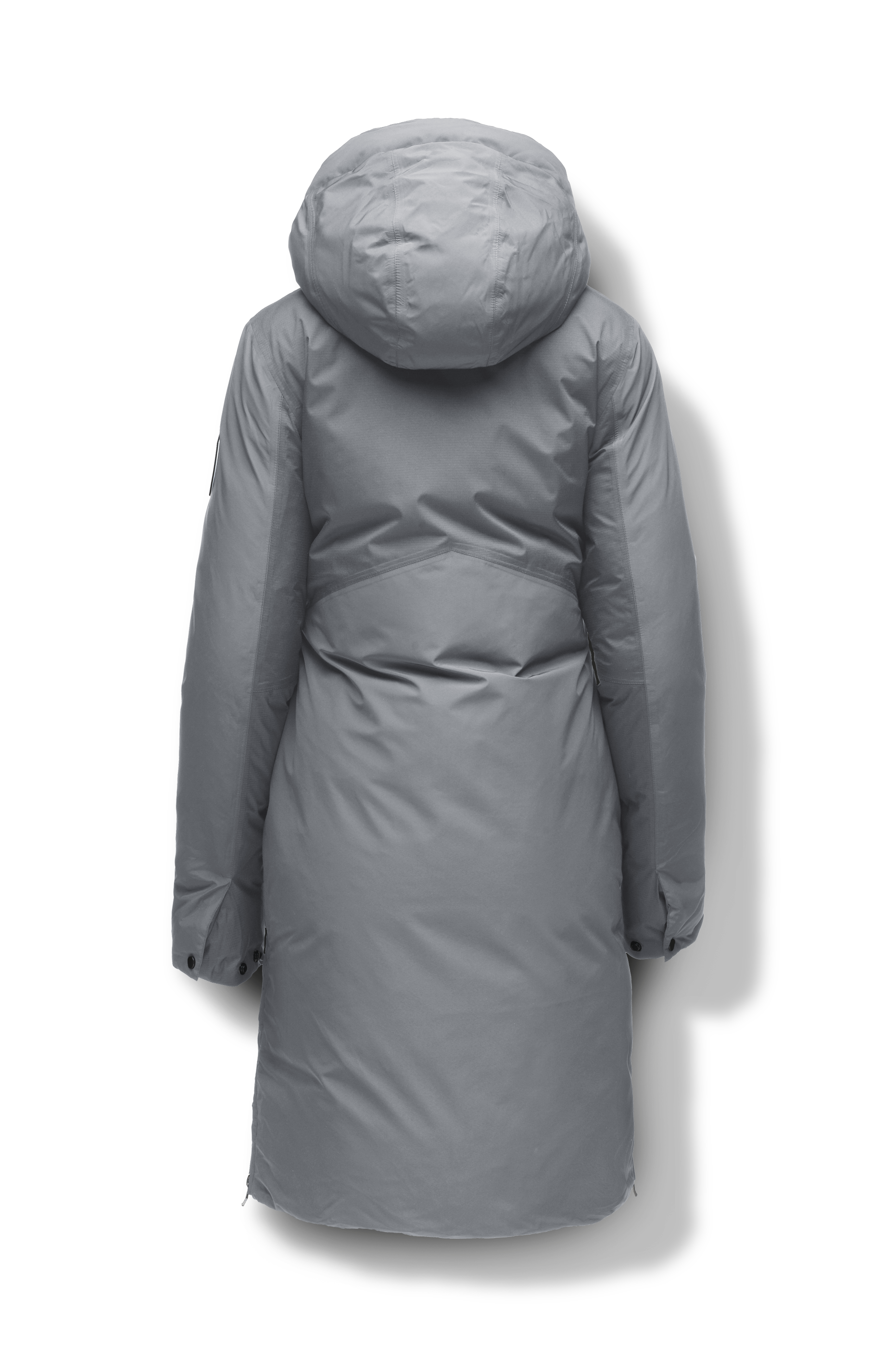 Inara Women's Performance Parka in knee length, premium 3-ply micro denier and stretch ripstop fabrication with DWR coating, Premium Canadian White Duck Down insulation, non-removable down-filled hood, centre front two-way zipper, large vertical zipper pockets along waist, zipper vents along bottom side hem, in Concrete