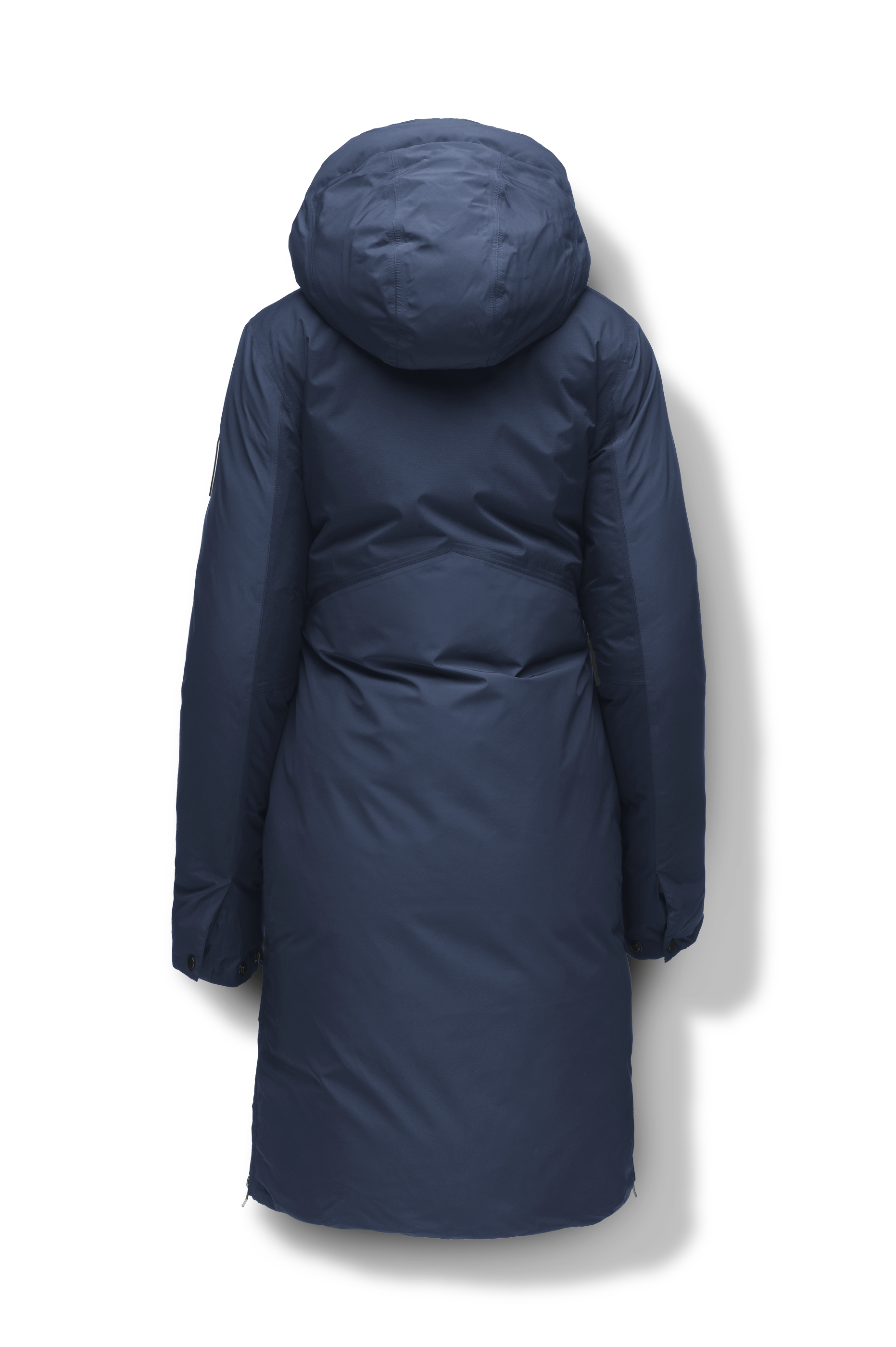 Inara Women's Performance Parka in knee length, premium 3-ply micro denier and stretch ripstop fabrication with DWR coating, Premium Canadian White Duck Down insulation, non-removable down-filled hood, centre front two-way zipper, large vertical zipper pockets along waist, zipper vents along bottom side hem, in Marine