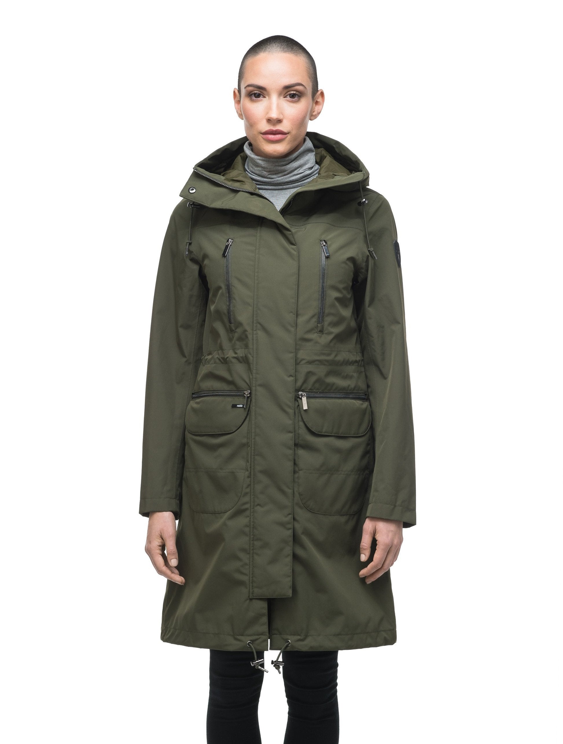 Women's knee length anorak with four front pockets and adjustable cord waist in Fatigue