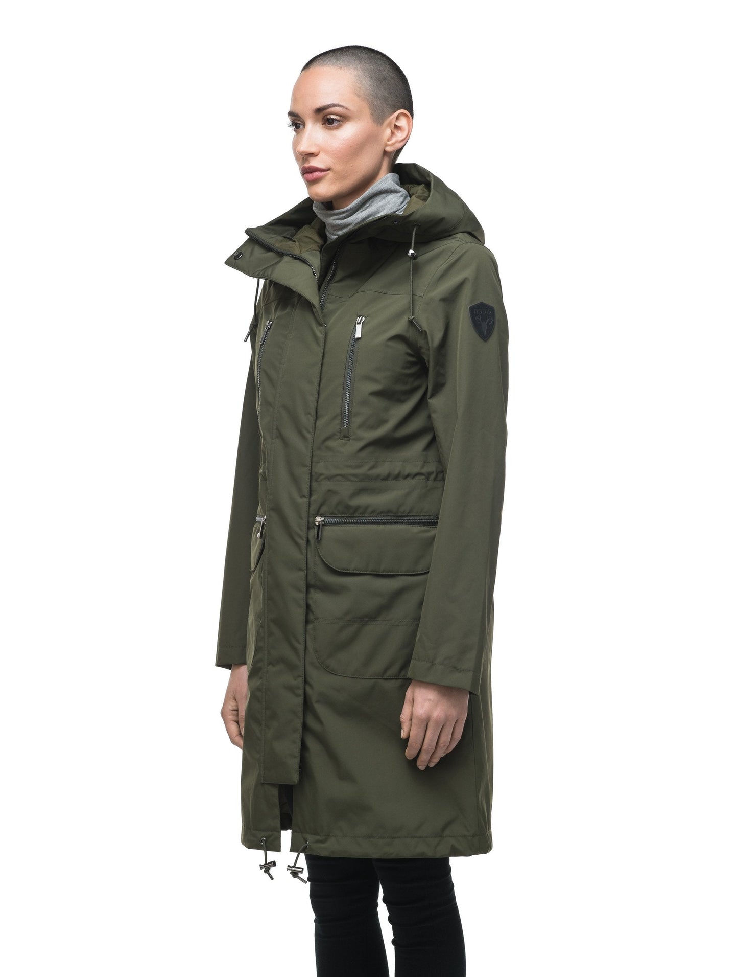 Women's knee length anorak with four front pockets and adjustable cord waist in Fatigue