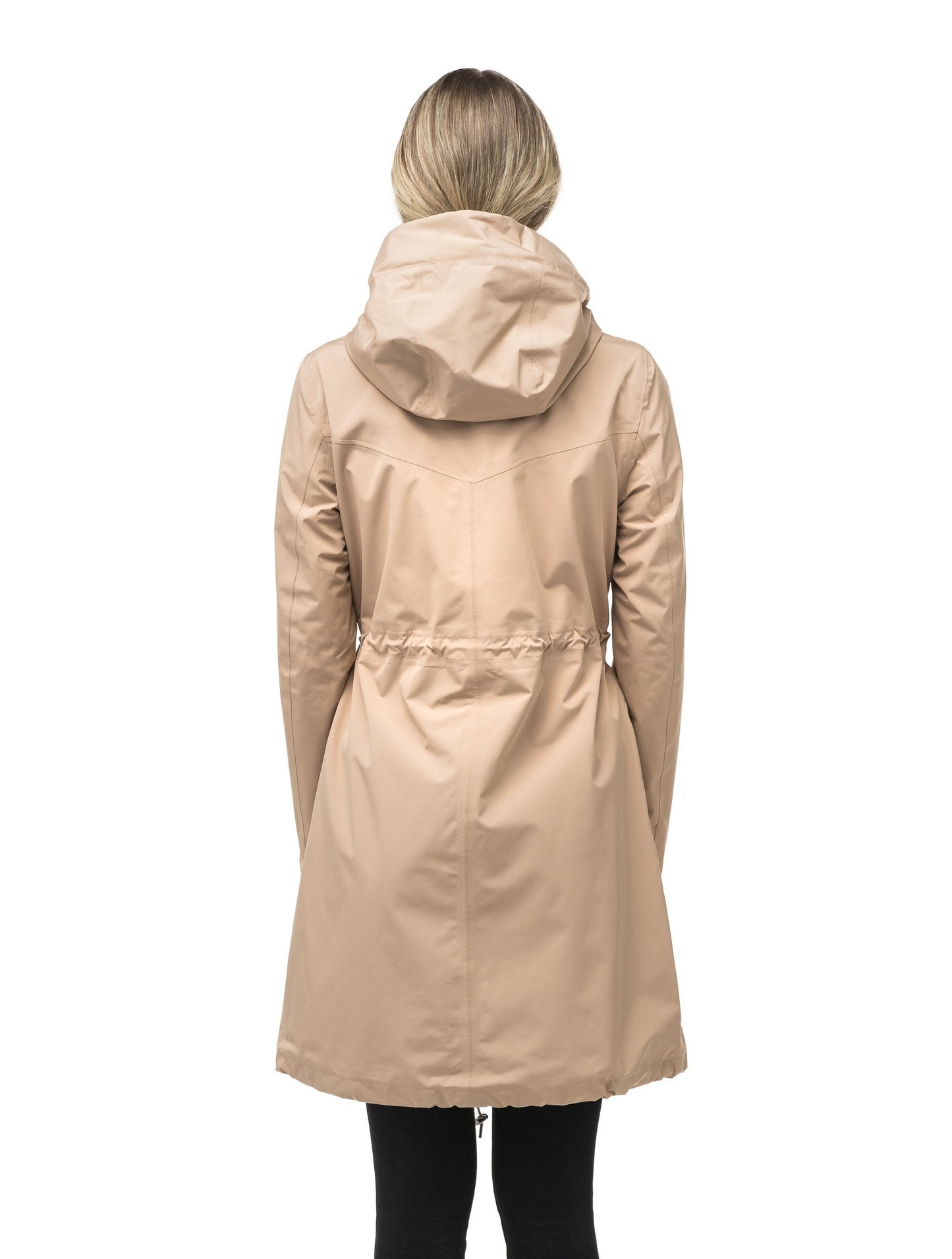 Women's knee length anorak with four front pockets and adjustable cord waist in Fawn