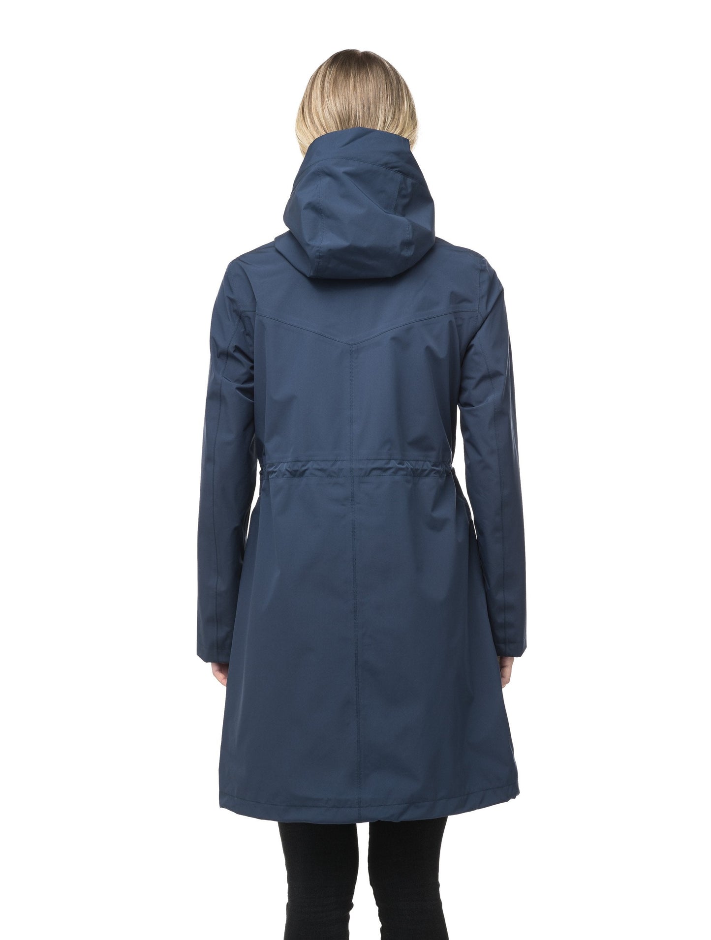 Women's knee length anorak with four front pockets and adjustable cord waist in Marine