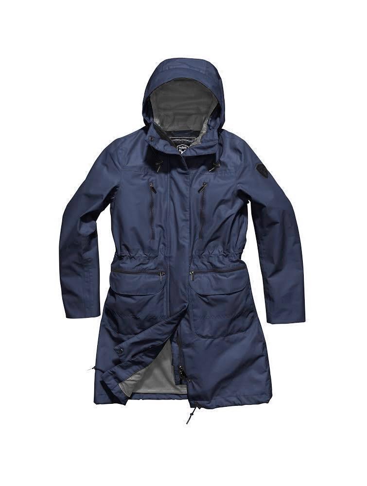 Women's knee length anorak with four front pockets and adjustable cord waist in Marine