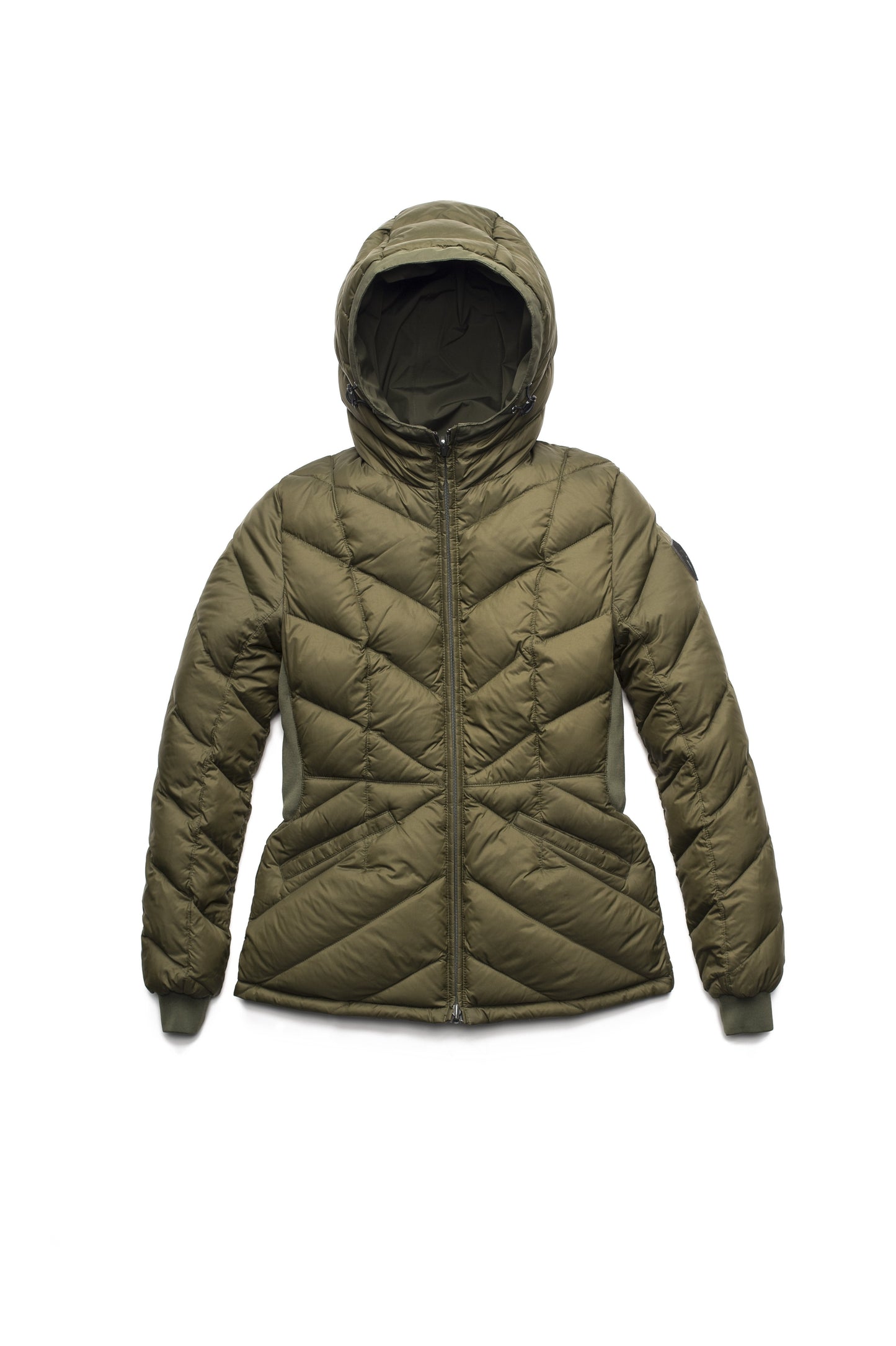 A women's two in one reversible hip length down jacket, one side is quilted and one side is solid waterproof fabric in Camo