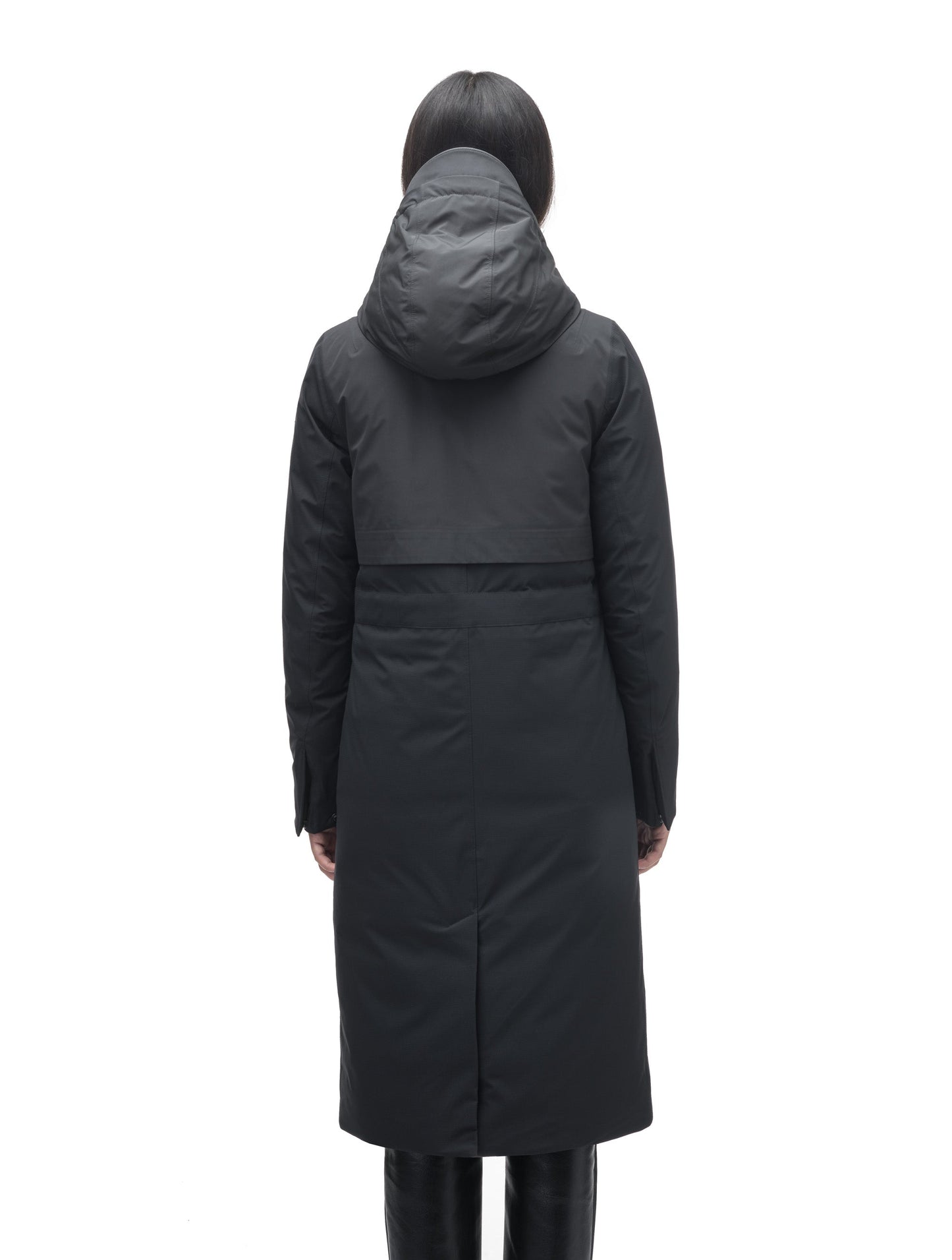 Iris Ladies Long Parka in below the knee length, Canadian duck down insulation, non-removable hood, and two-way zipper, in Black