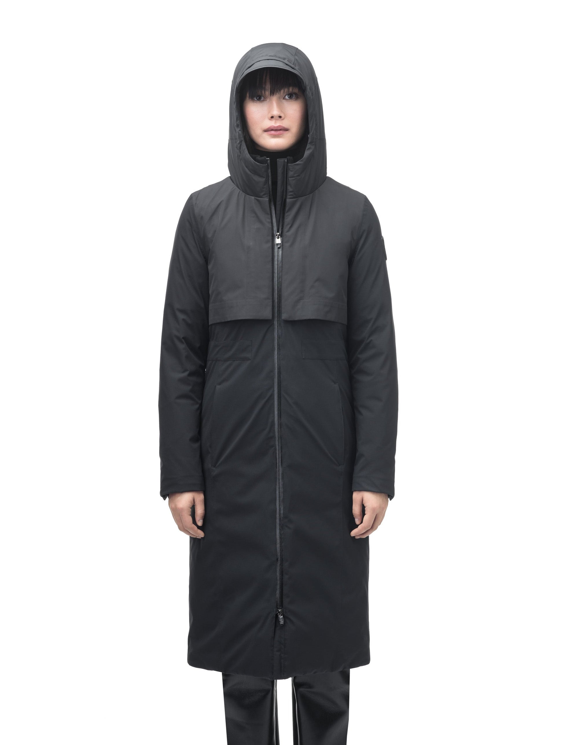 Iris Ladies Long Parka in below the knee length, Canadian duck down insulation, non-removable hood, and two-way zipper, in Black