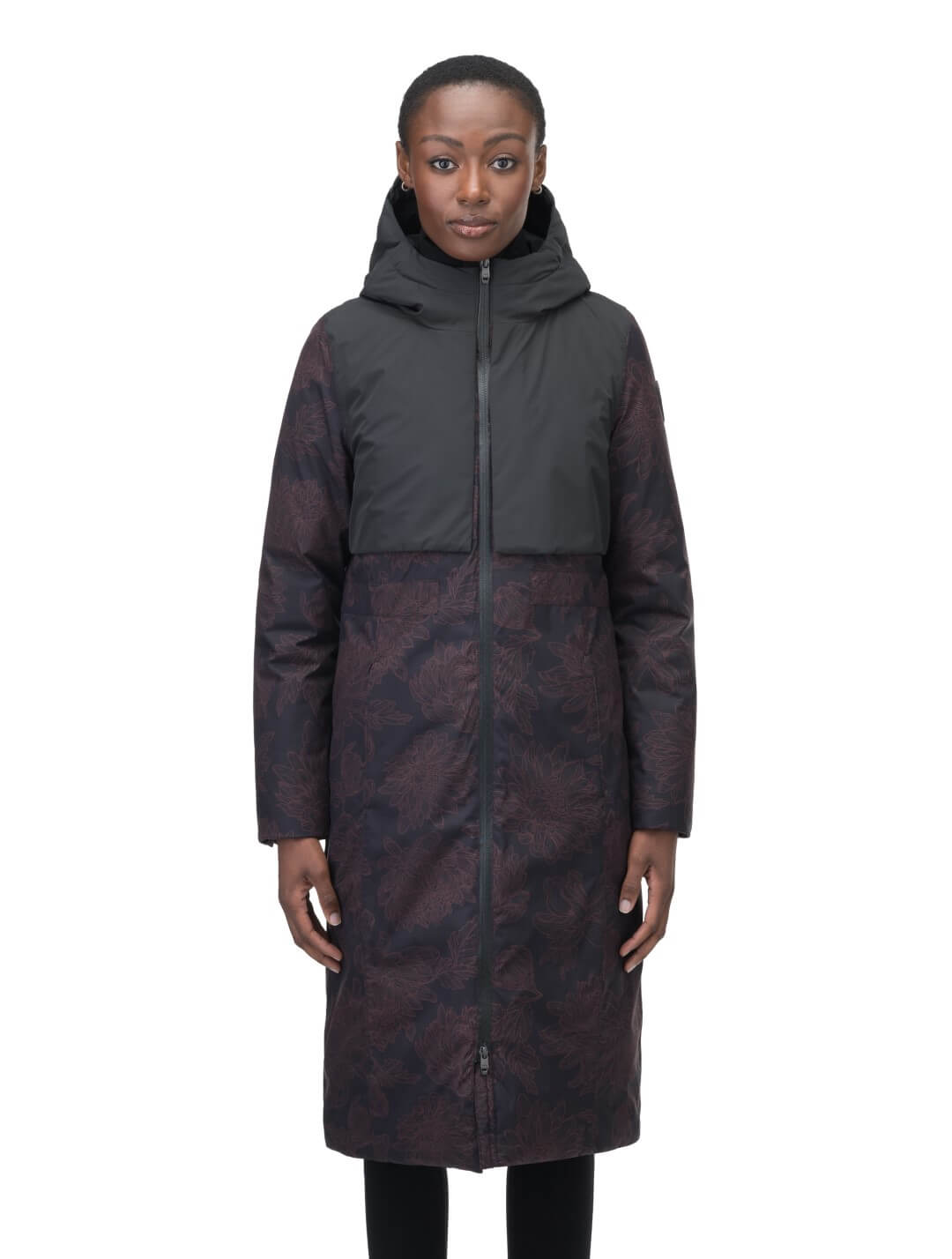 Iris Ladies Long Parka in below the knee length, Canadian duck down insulation, non-removable hood, and two-way zipper, in Dark Floral