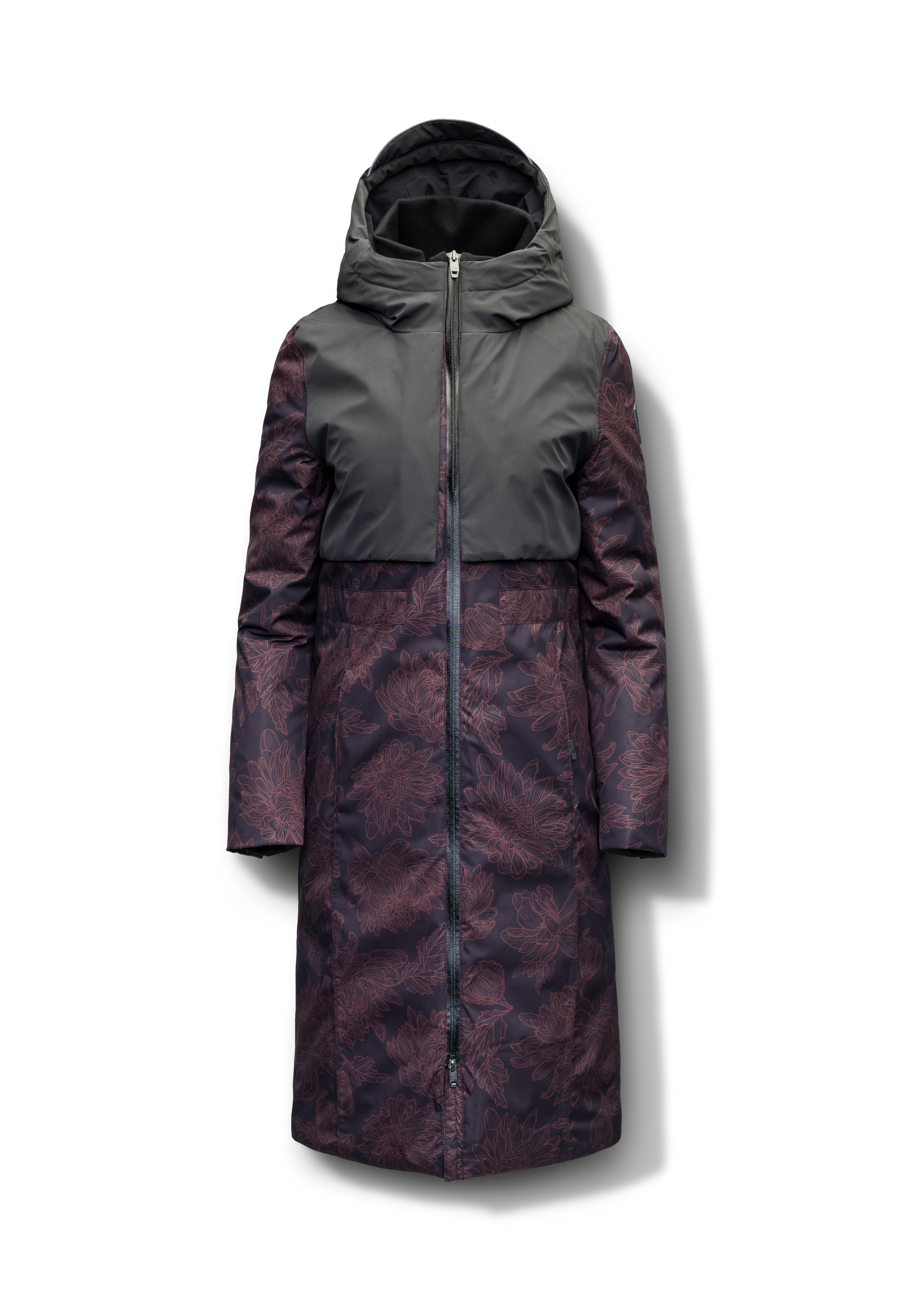 Iris Ladies Long Parka in below the knee length, Canadian duck down insulation, non-removable hood, and two-way zipper, in Dark Floral