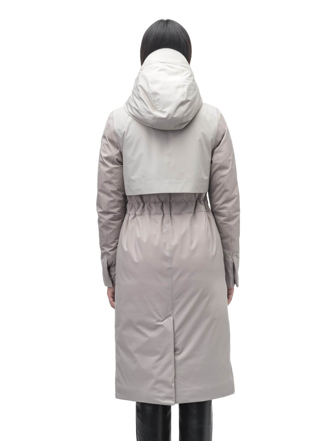 Iris Ladies Long Parka in below the knee length, Canadian duck down insulation, non-removable hood, and two-way zipper, in Clay