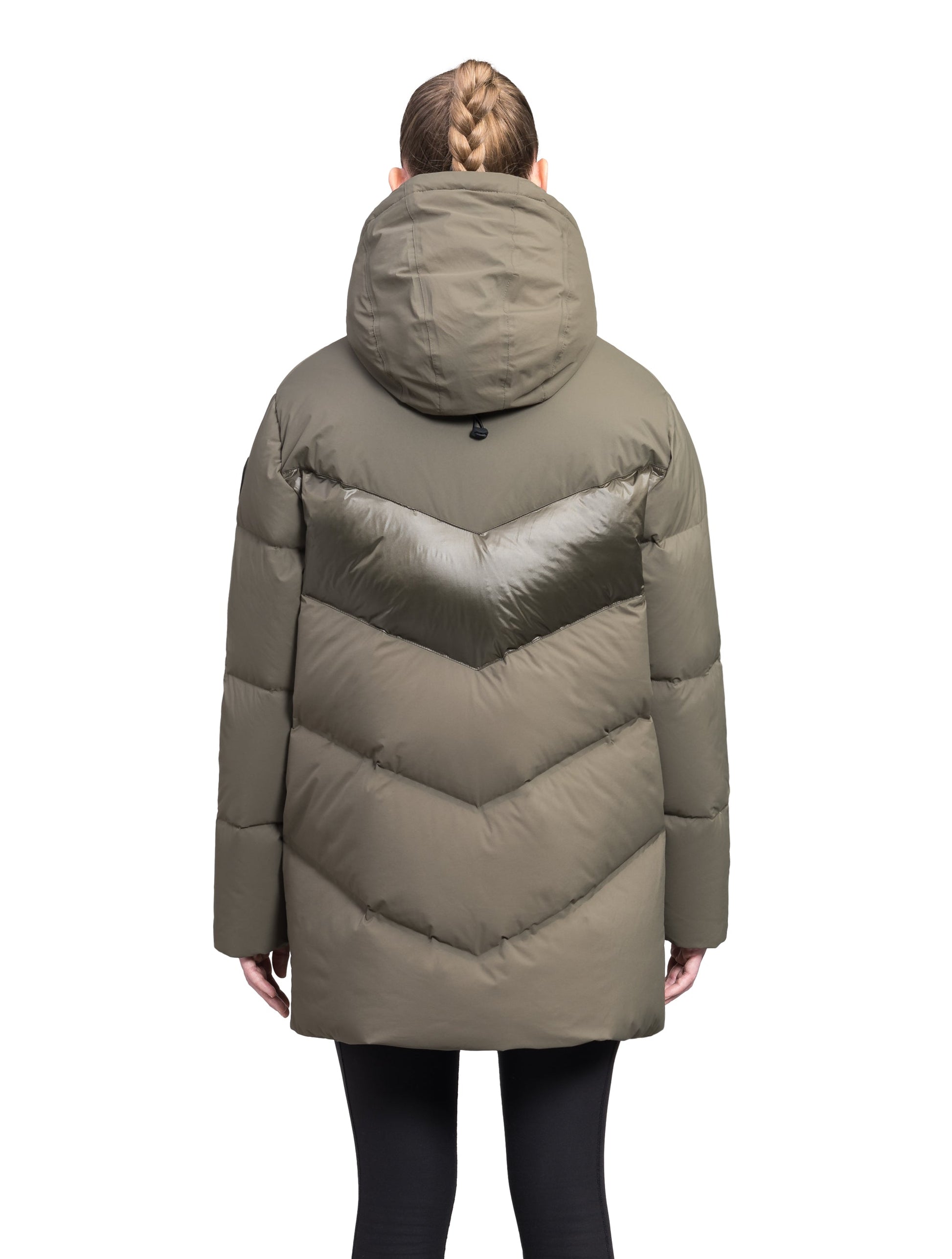 Isla Women's Chevron Quilted Puffer Jacket in thigh length, premium technical nylon taffeta fabrication, Premium Canadian origin White Duck Down insulation, non-removable down-filled hood, two-way centre-front zipper, zipper pockets at waist, contrast cire technical nylon taffeta detailing on chest and back, in Fatigue