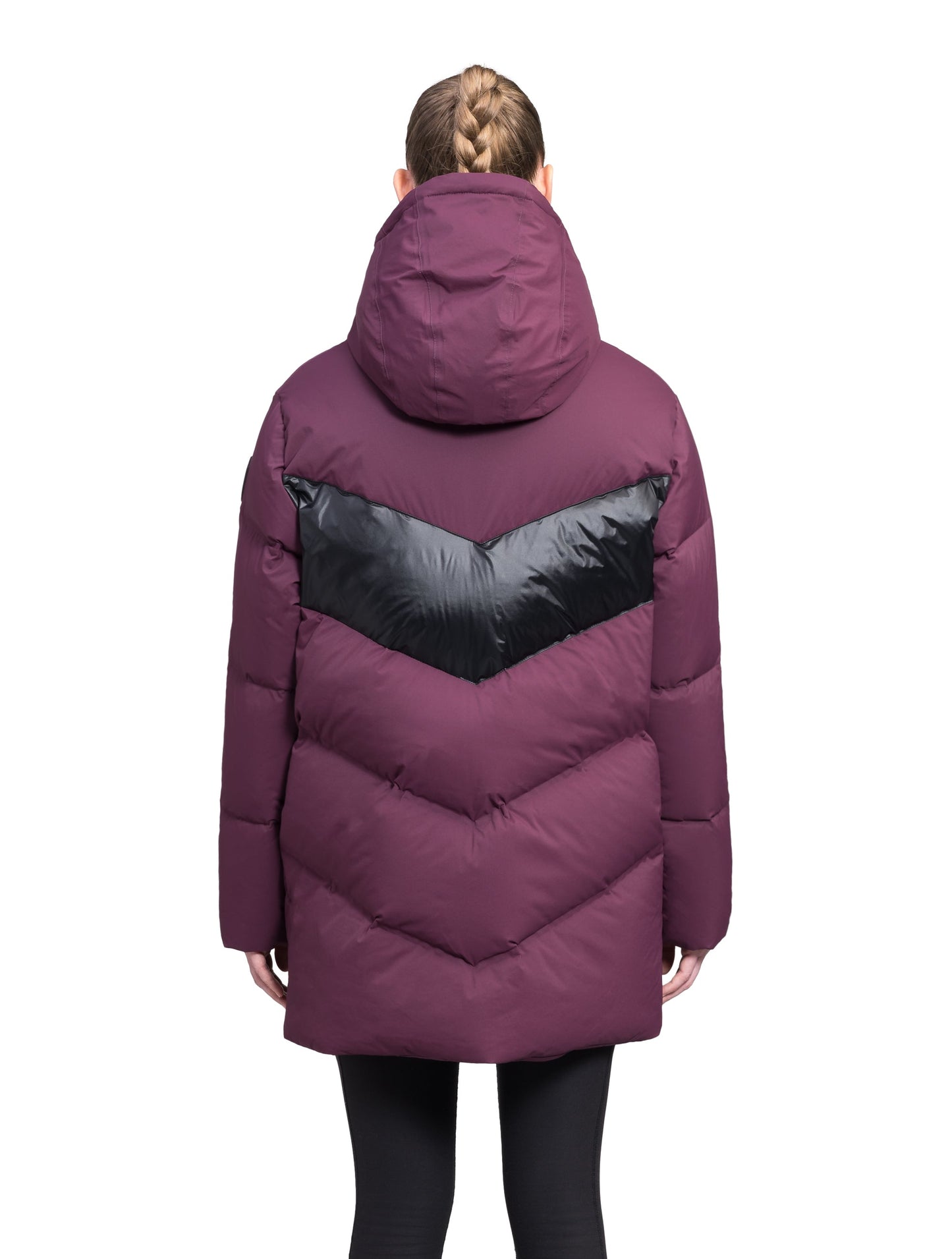 Isla Women's Chevron Quilted Puffer Jacket in thigh length, premium technical nylon taffeta fabrication, Premium Canadian origin White Duck Down insulation, non-removable down-filled hood, two-way centre-front zipper, zipper pockets at waist, contrast cire technical nylon taffeta detailing on chest and back, in Potent Purple