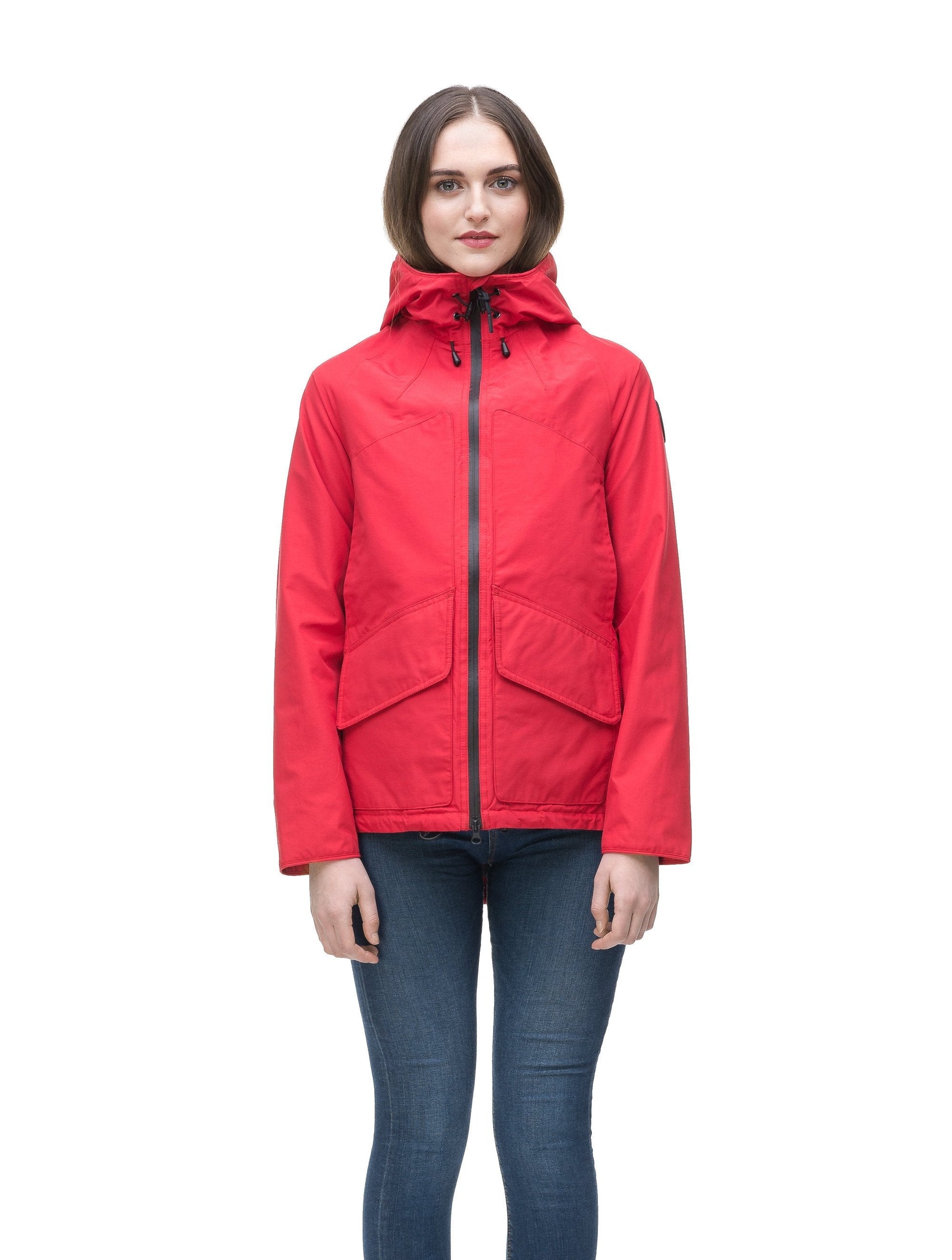 Women's hooded rain jacket with high low hem in Red