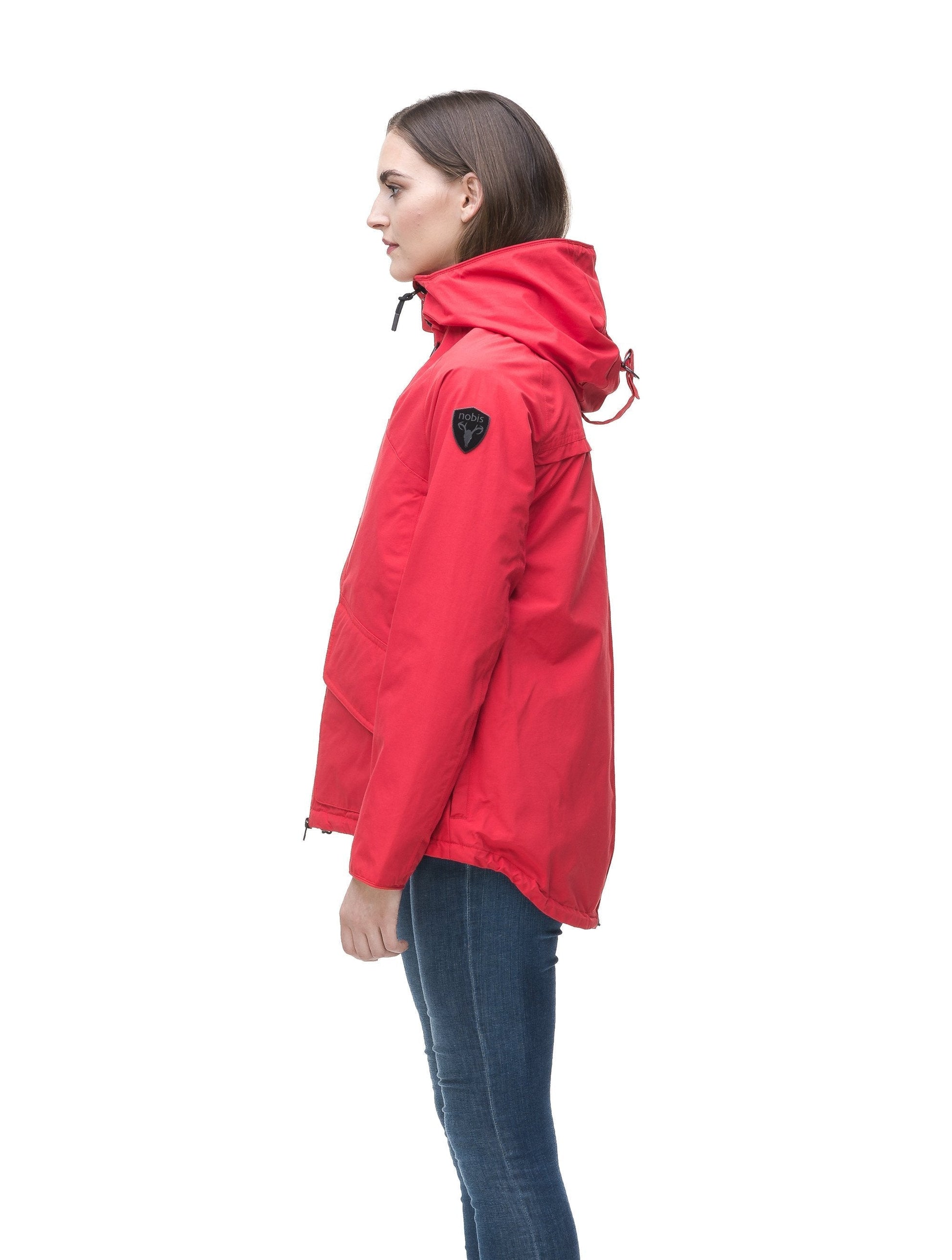 Women's hooded rain jacket with high low hem in Red