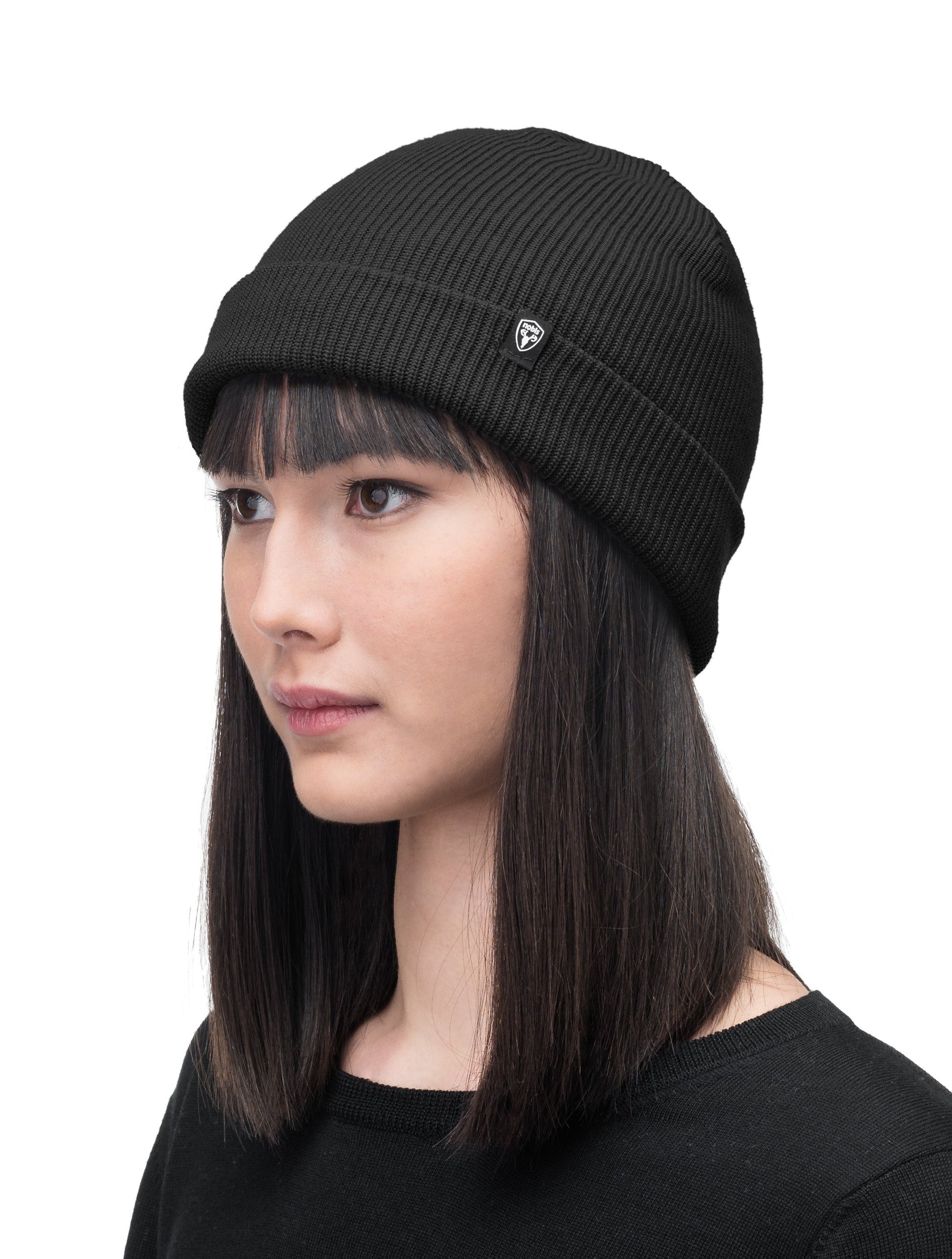 Julian Knit Toque in fine ribbed jersey, with nobis label on cuff, in Black