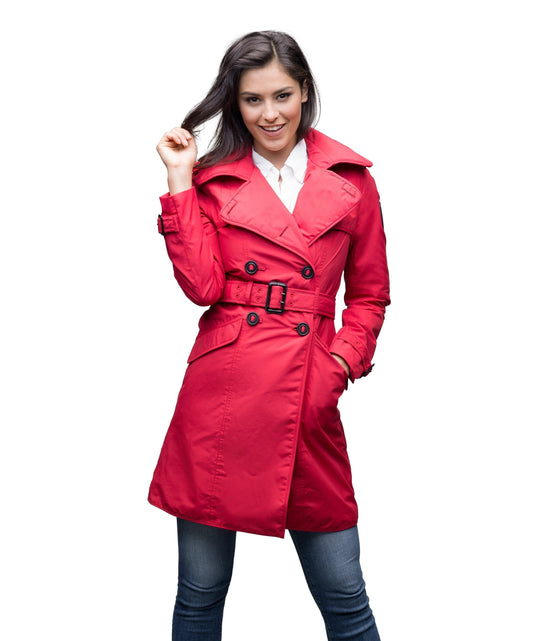 Women's classic trench coat that falls just above the knee in Red + Red