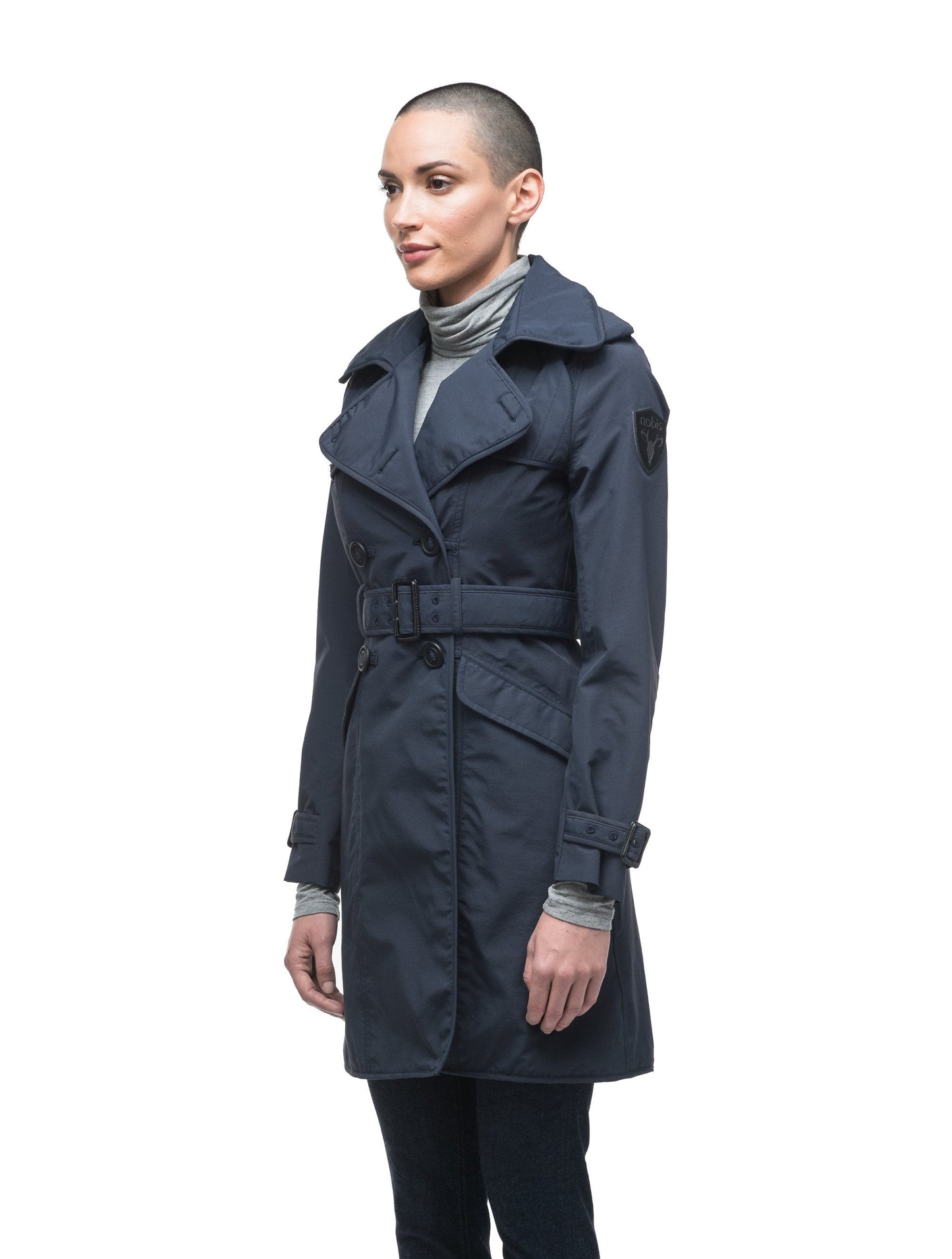 Women's classic trench coat that falls just above the knee in Navy