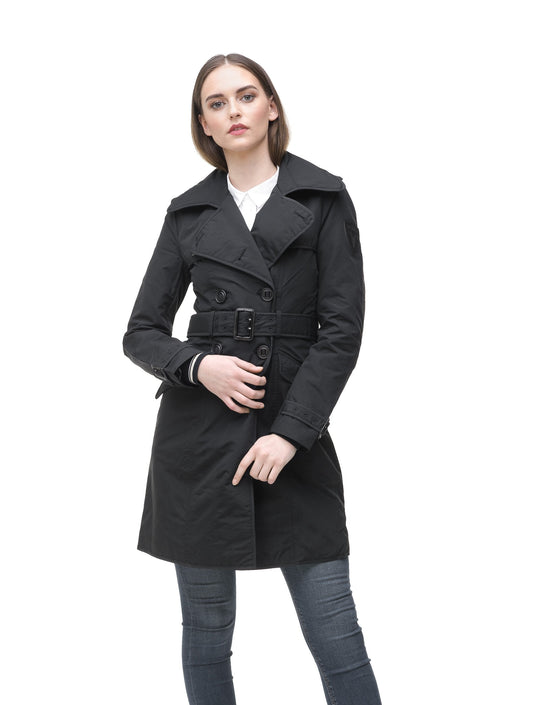 Women's classic trench coat that falls just above the knee in Black + Black