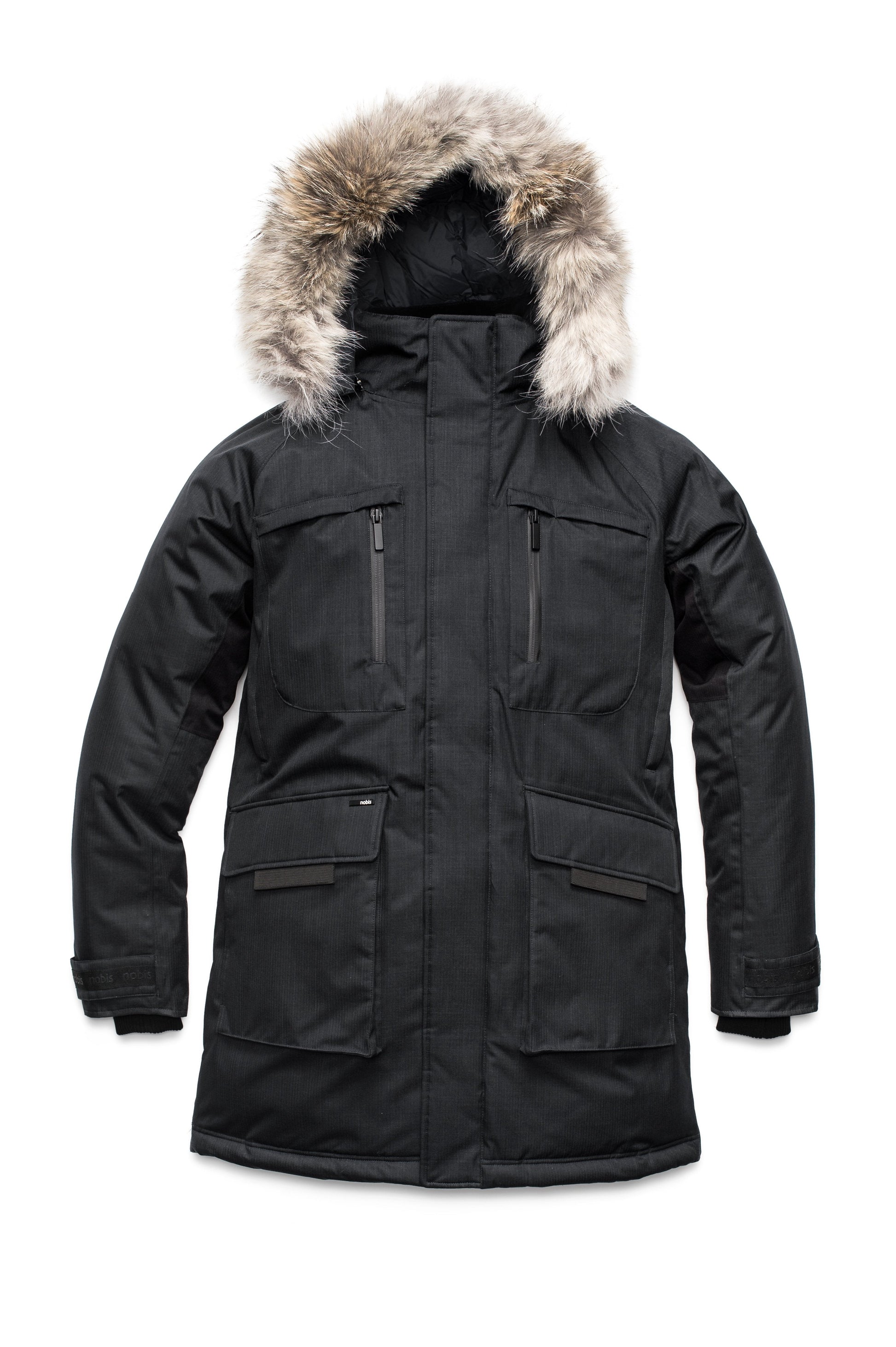 Men's thigh length down-filled parka with removable hood and removable coyote fur trim in Black