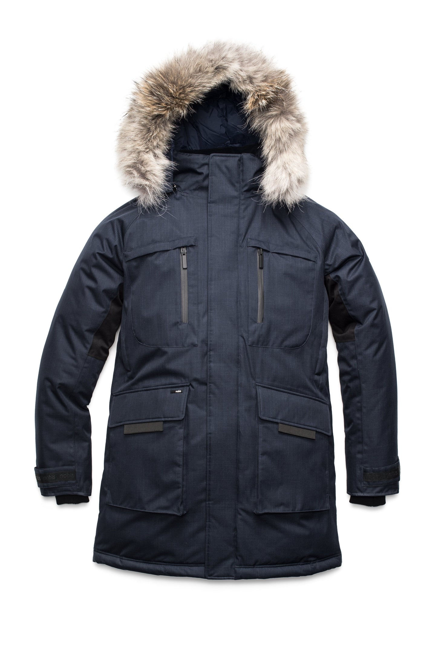 Men's thigh length down-filled parka with removable hood and removable coyote fur trim in Navy