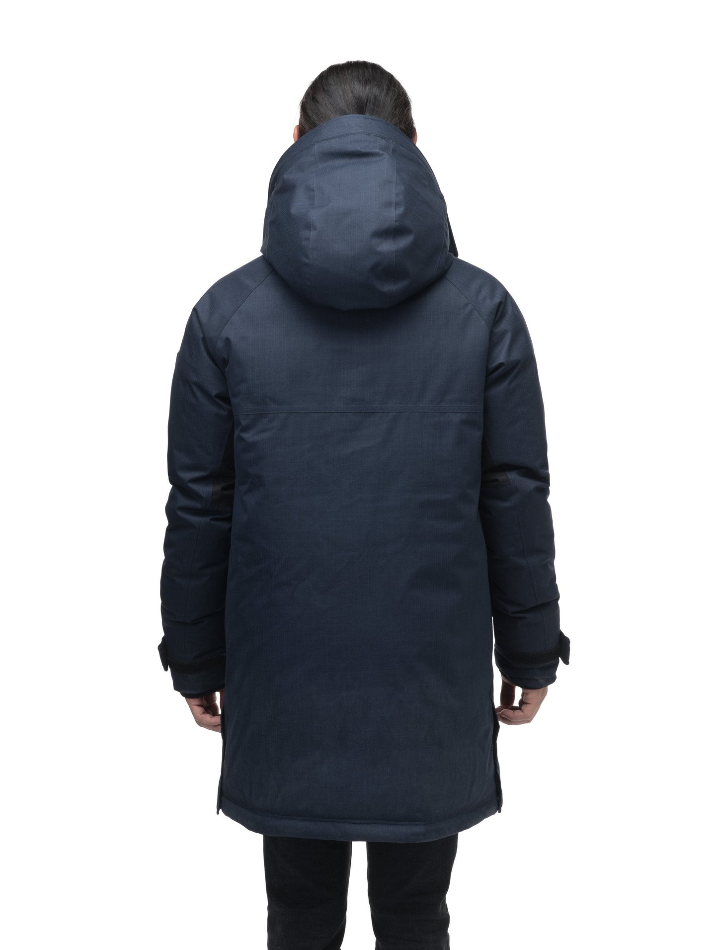 Men's thigh length down-filled parka with removable hood and removable coyote fur trim in Navy