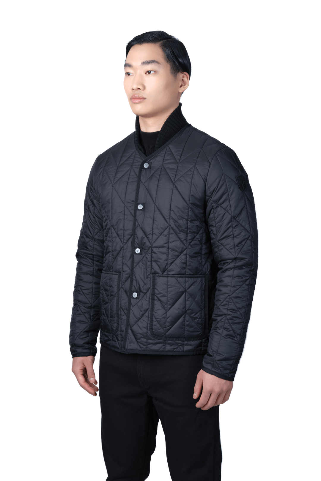 Lunar New Year Men's Quilted Short Jacket in hip length, sustainable and environmentally friendly Primaloft Gold Insulation Active+, with branded snap button front, two waist patch pockets, and chevron quilted body, in Black