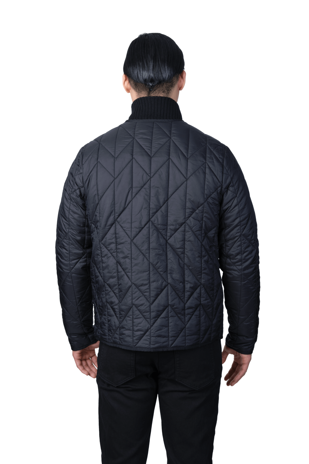 Lunar New Year Men's Quilted Short Jacket in hip length, sustainable and environmentally friendly Primaloft Gold Insulation Active+, with branded snap button front, two waist patch pockets, and chevron quilted body, in Black